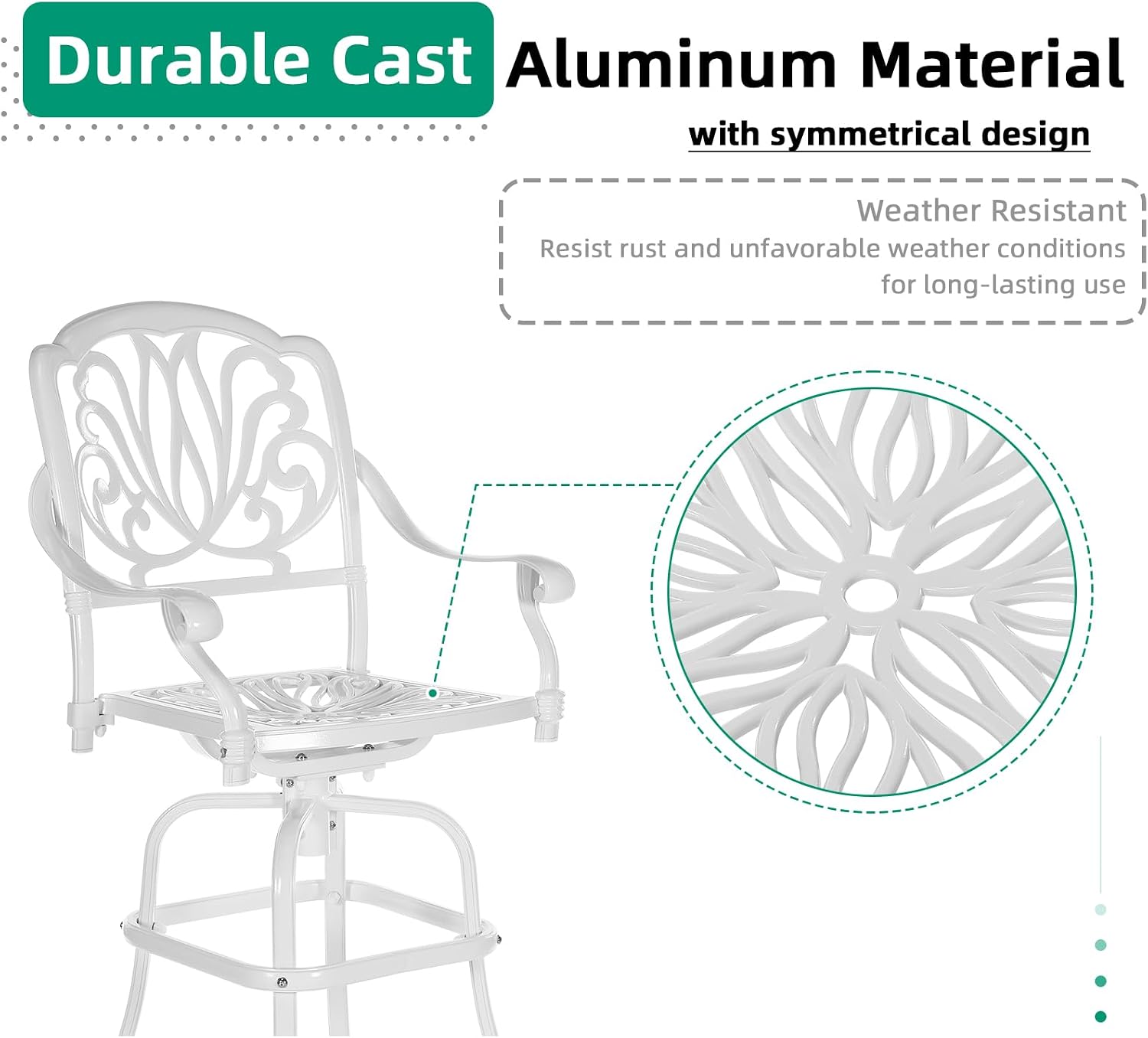 VIVIJASON 2-Piece Patio Swivel Bar Stools, All-Weather Cast Aluminum Bar Height Bistro Chairs with Seat Cushion, Outdoor Furniture Bar Dining Chair Set for Deck, Lawn, Garden, Backyard, White