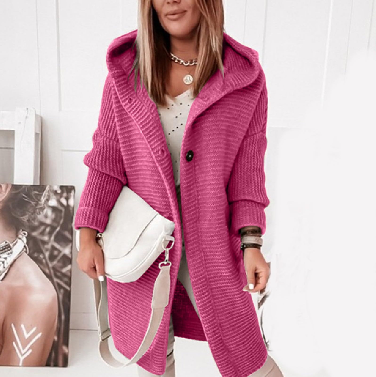 Generisch Strickjacke Damen Winter Cardigan Mittellang Jacket Winddicht