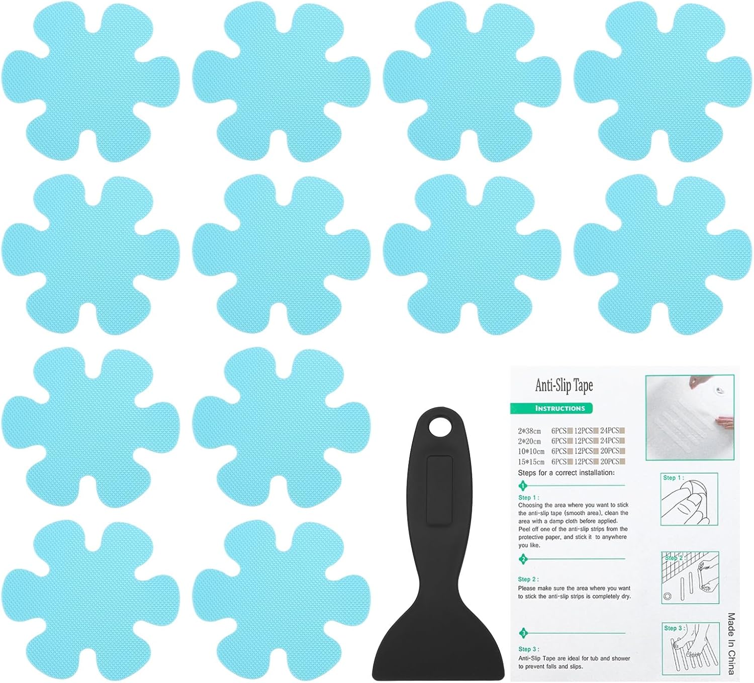 PATIKIL Bathtub Non Slip Stickers 3.9 x 3.9 Inch, 12 Pack Flower Safety Shower Floor Anti Slip Stickers with Adhesive Decals Scraper for Bath Tub Shower Floor Stair, Blue