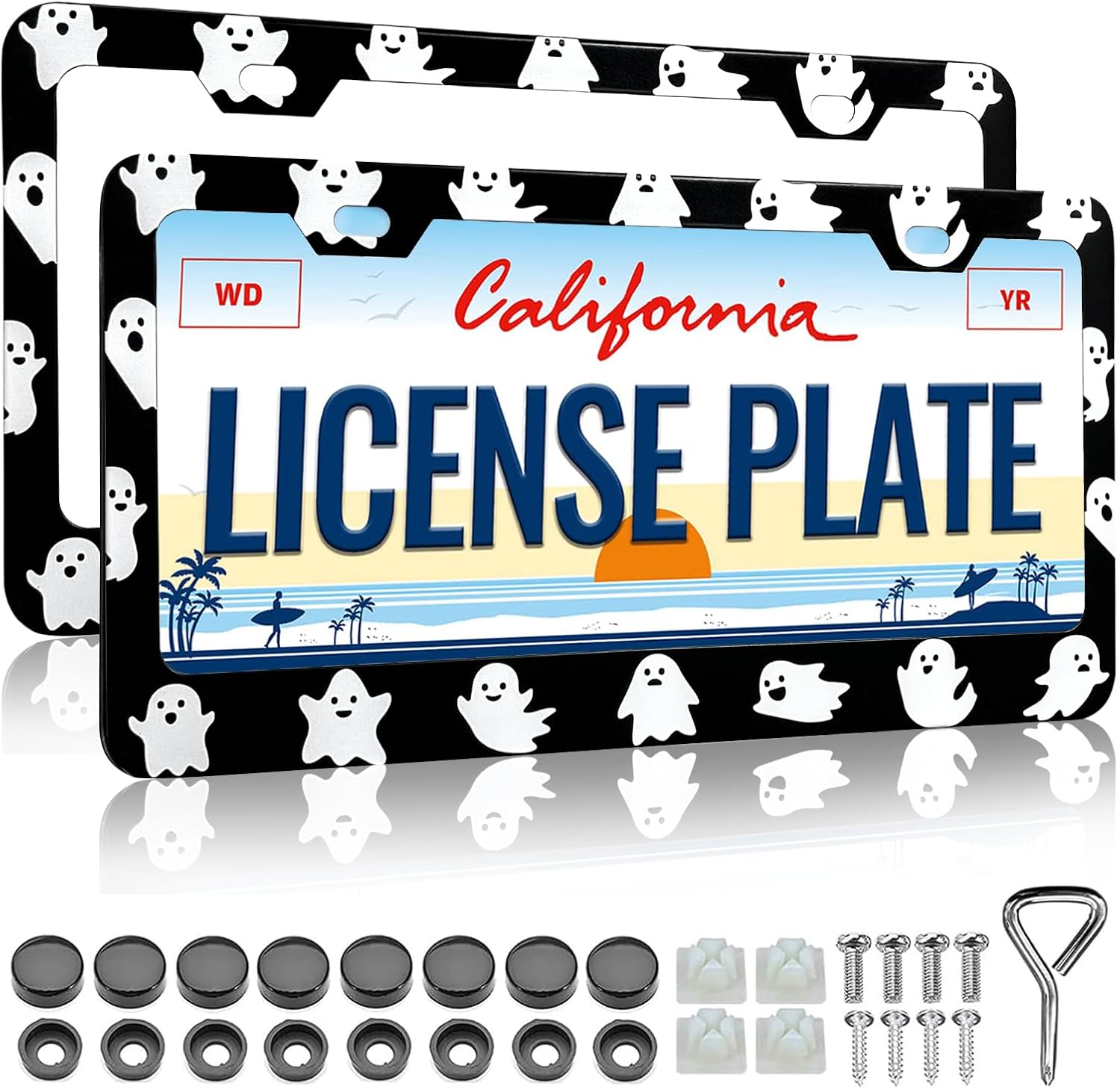 LIN KANG License Plate Frames Holder for Women - 2 Pack Universal Pink Car Plate Frame Cute Horror Ghost Skull Face Car Tag Cover Holder with Free Screws Fasteners Caps