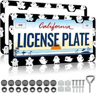 LIN KANG 2 Pack Cute Little Dancing Ghosts License Plate Frame - Car Plate Holder Cover Cute Ghost for Women Men Black Metal Tag Frame with Free Screws Fasteners Caps