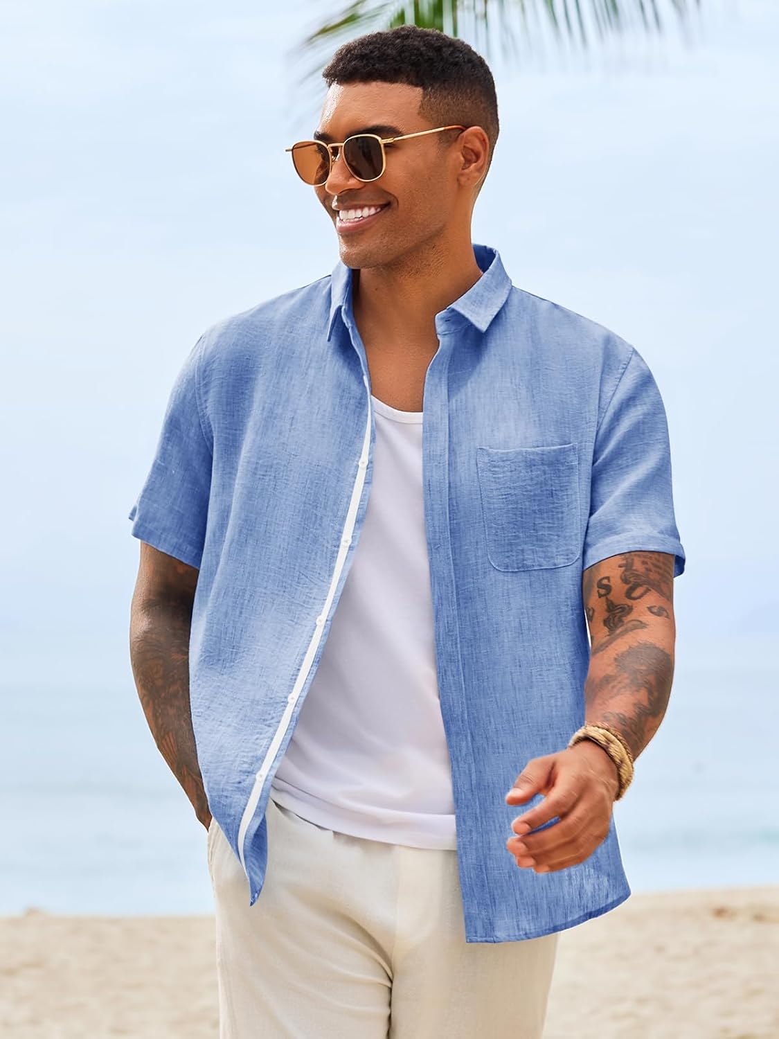 Runcati Mens Linen Button Down Shirts Casual Short Sleeve Shirt Summer Beach Wedding Tops with Pocket - Image 2