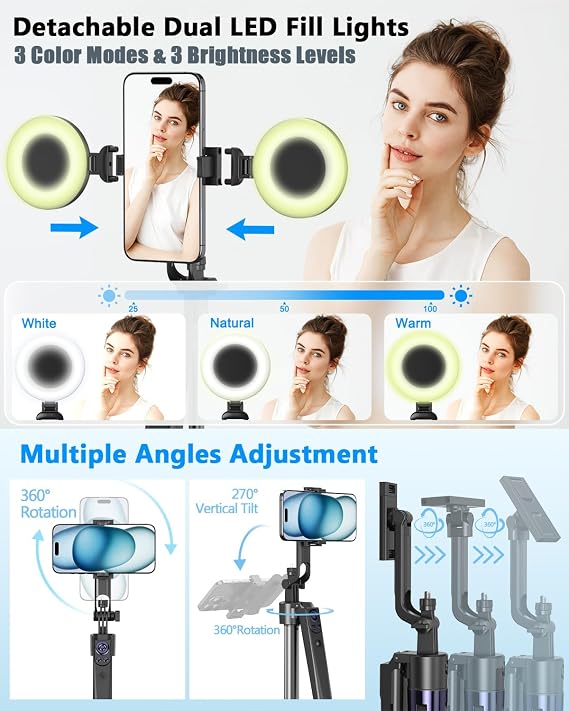 Vlogging Kit for iPhone/Android, 63Auto Face Tracking Tripod for iPhone with Light, Wireless Microphones, Scrolling Remote Control for TikTok, Content Creator Kit for YouTube Starter