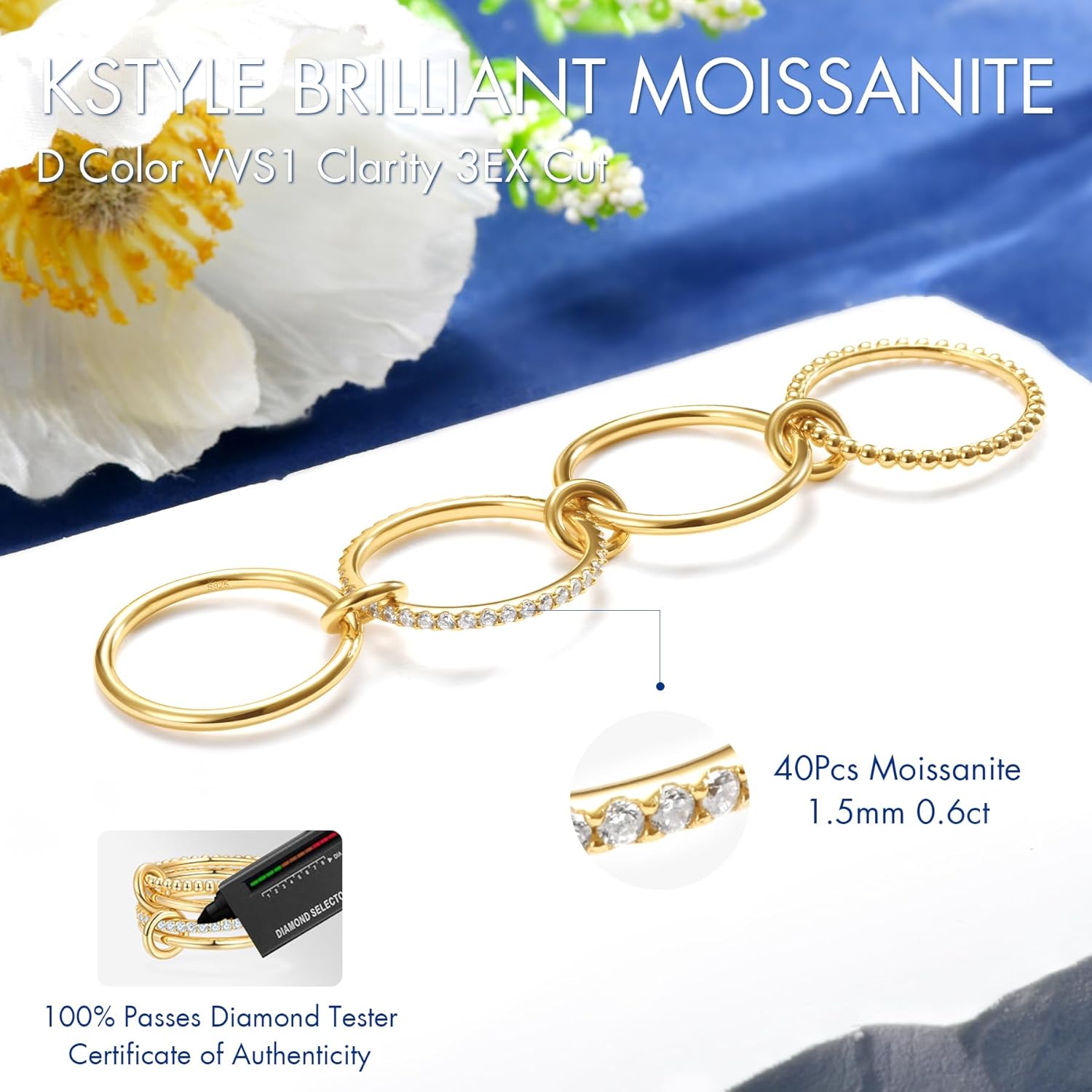 Kstyle 14K Gold Moissanite Spinelli Rings for Women, Dainty Stackable Band Ring Set for Wife Girlfriend (0.6cttw, D Color, VVS1 Clarity, 3EX Cut) 925 Sterling Silver Base Non Tarnish