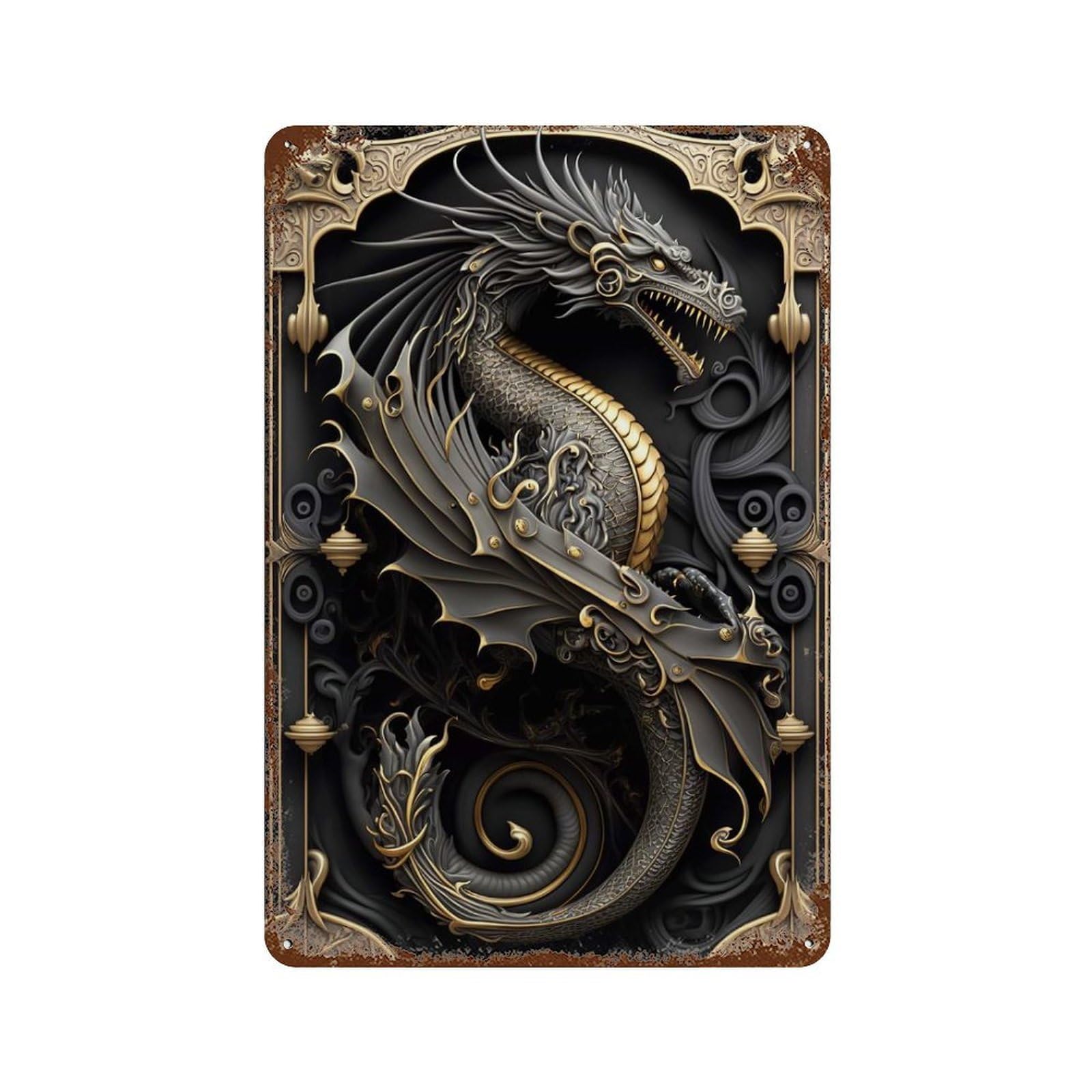 Dragon King Art Deco 11.8"x7.9" Vintage Rust Metal Sign, Novelty Wall Decor for Living Room, Hallway And Home Decor