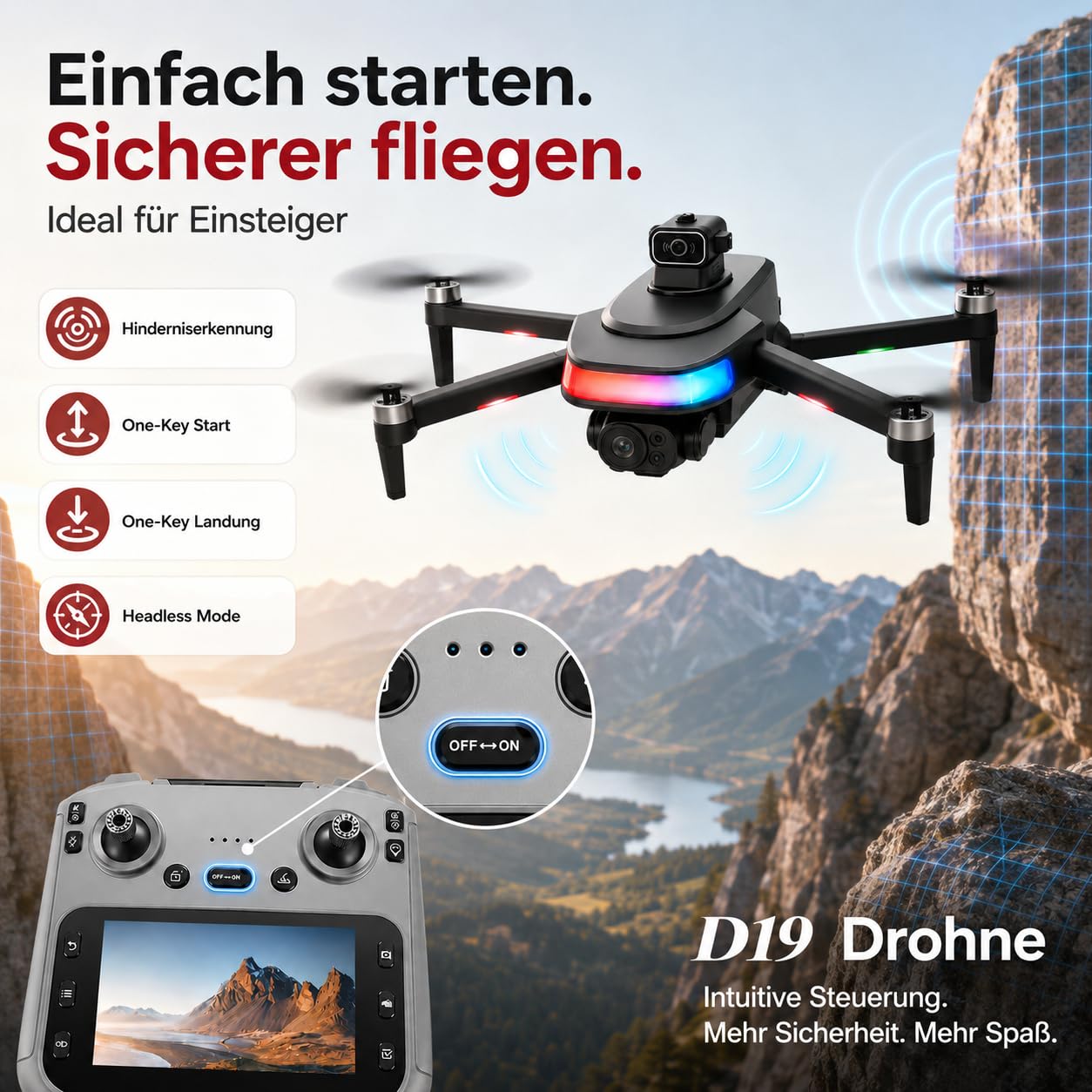 Faltbare GPS Drohne mit Kamera 1080P HD, Dual-Kamera, 4,5'' Bildschirm Fernsteuerung, bürstenlose Motoren, 2 Akkus (40 Min), Follow Me, 360° Orbit, Waypoint, Optical Flow, Hinderniserkennung