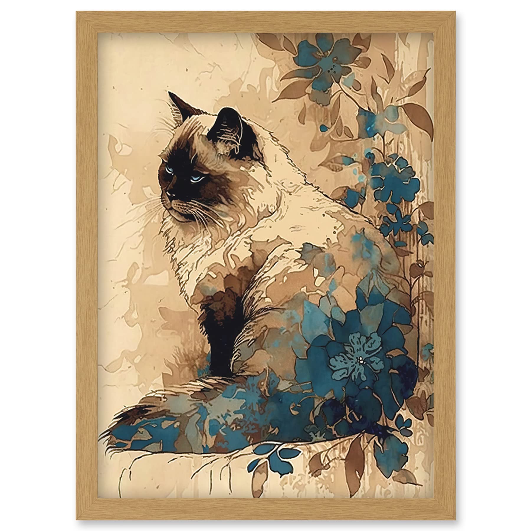 Artery8 Ragdoll Cat with Floral Patterns Watercolour Illustration Artwork Framed Wall Art Print A4