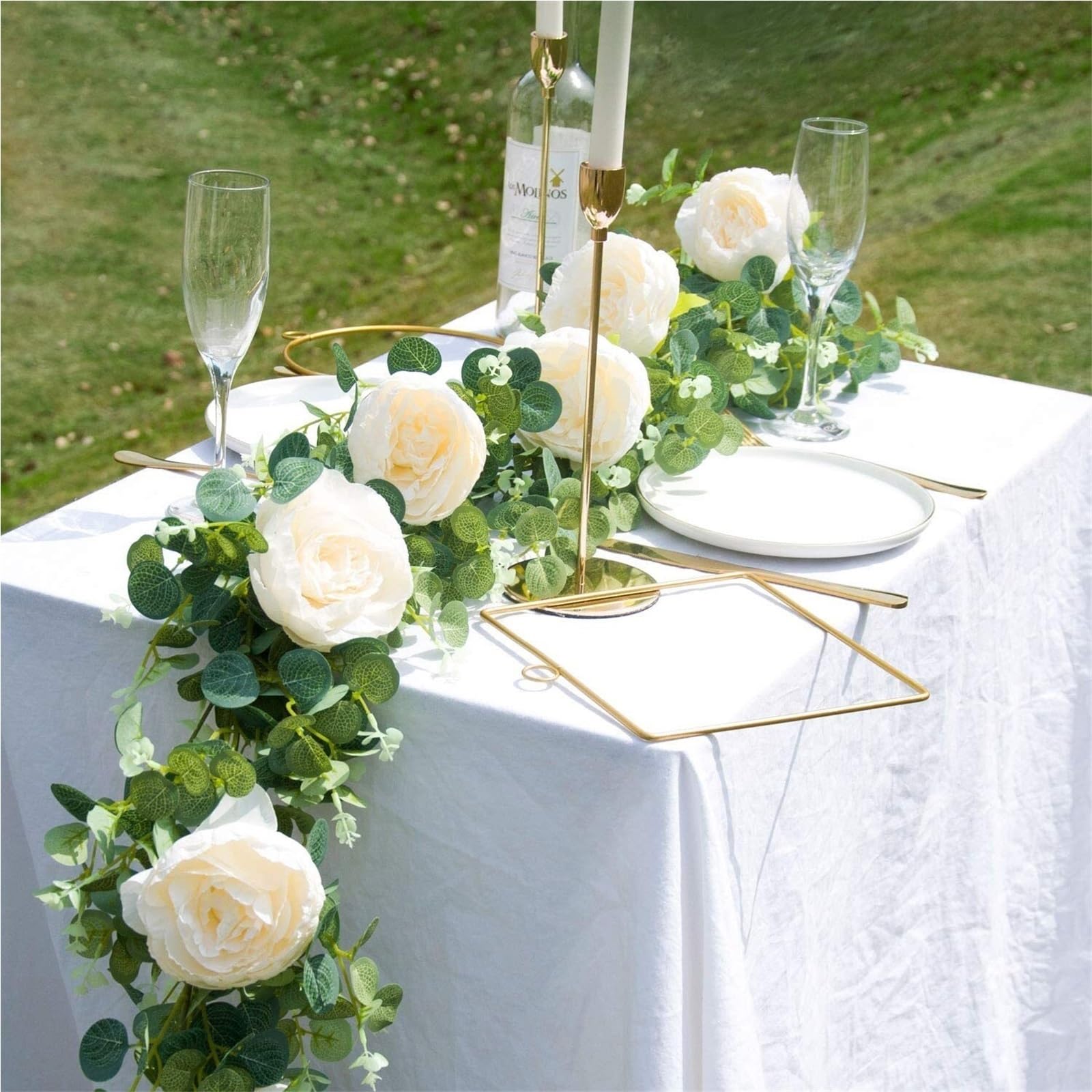 Künstliche Eukalyptus-Girlande mit weißer Pfingstrose – perfekt für Hochzeiten, Geburtstage und Heimdekoration (1 x rosa Rose)
