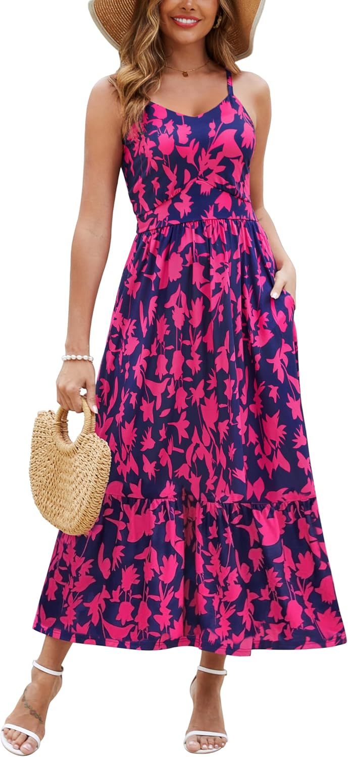Zattcas Women's 2026 Summer Casual Floral Maxi Dress with Pockets Spaghetti Strap V Neck Empire Waist Beach Long Sundress