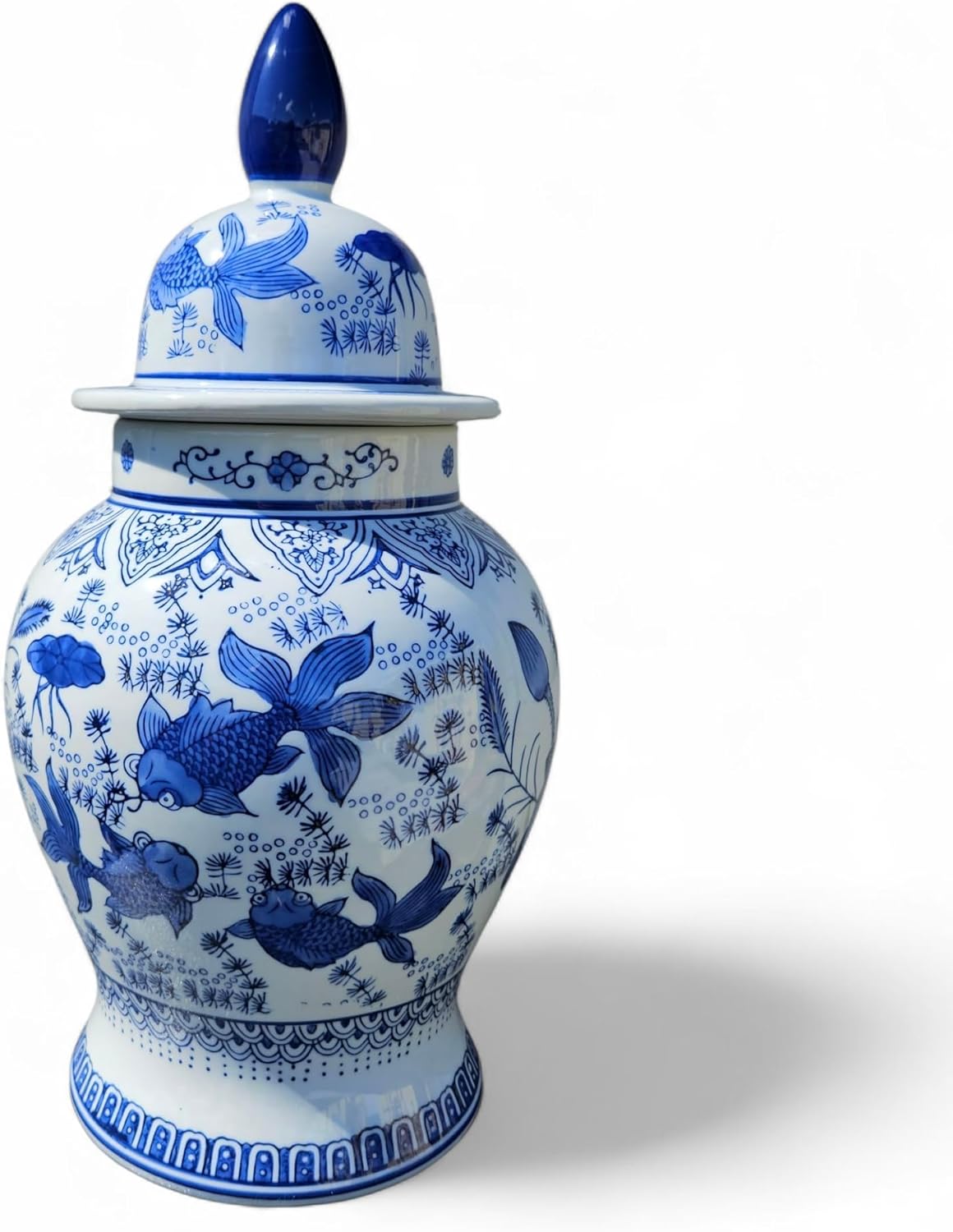 Olokun Porcelain Ginger Jar Potiche 17” – Sopera de Porcelana Azul y Blanca con Peces, Decorative Vase for Santería, Yoruba Orisha Altar, Home Decor Set