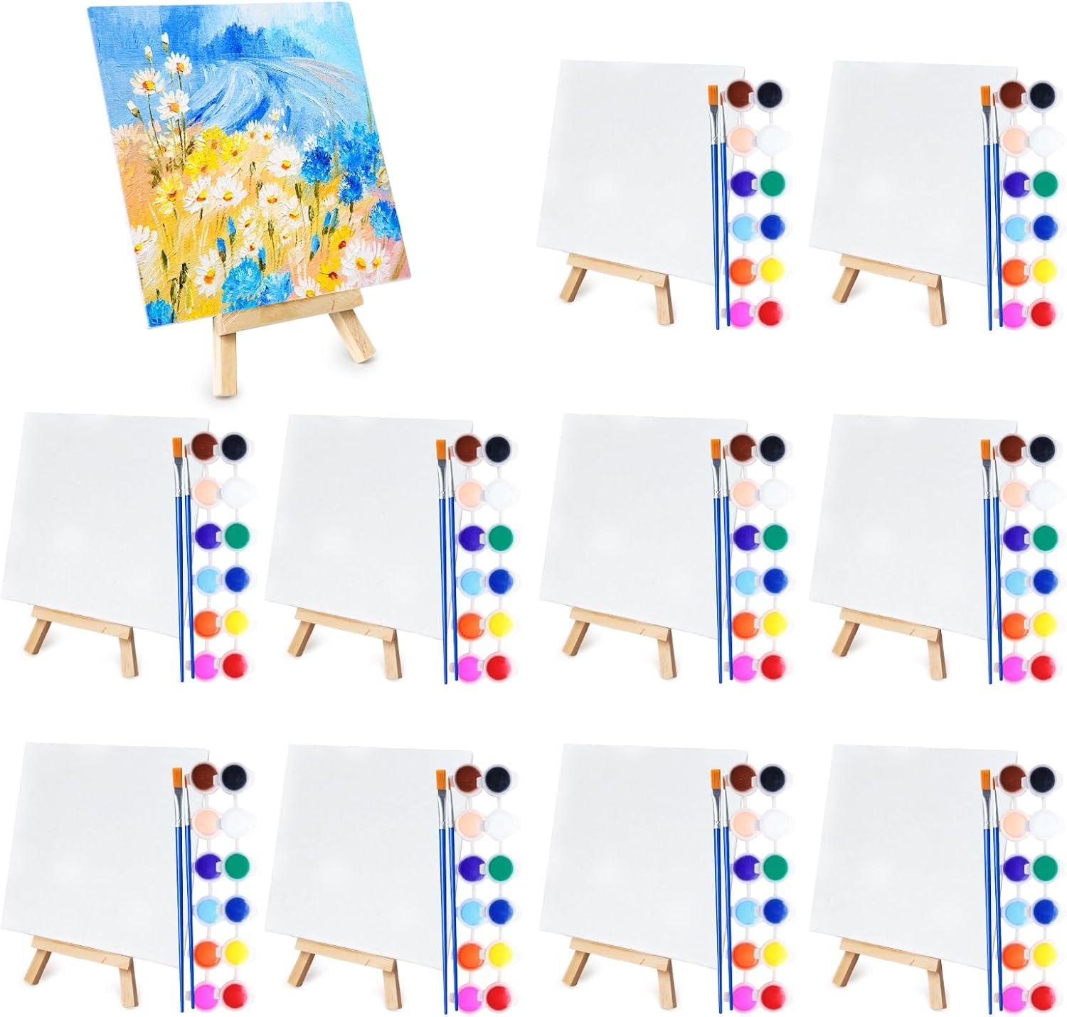 10 Set Mini Acrylic Paint Set, Mini Canvas Painting Kit, Small Canvas with Easel, Acrylic Paints,Brush, Minis Easel with Canvases for Kids Adults Classroom Birthday Painting Party (5.9 x 5.9Inch)