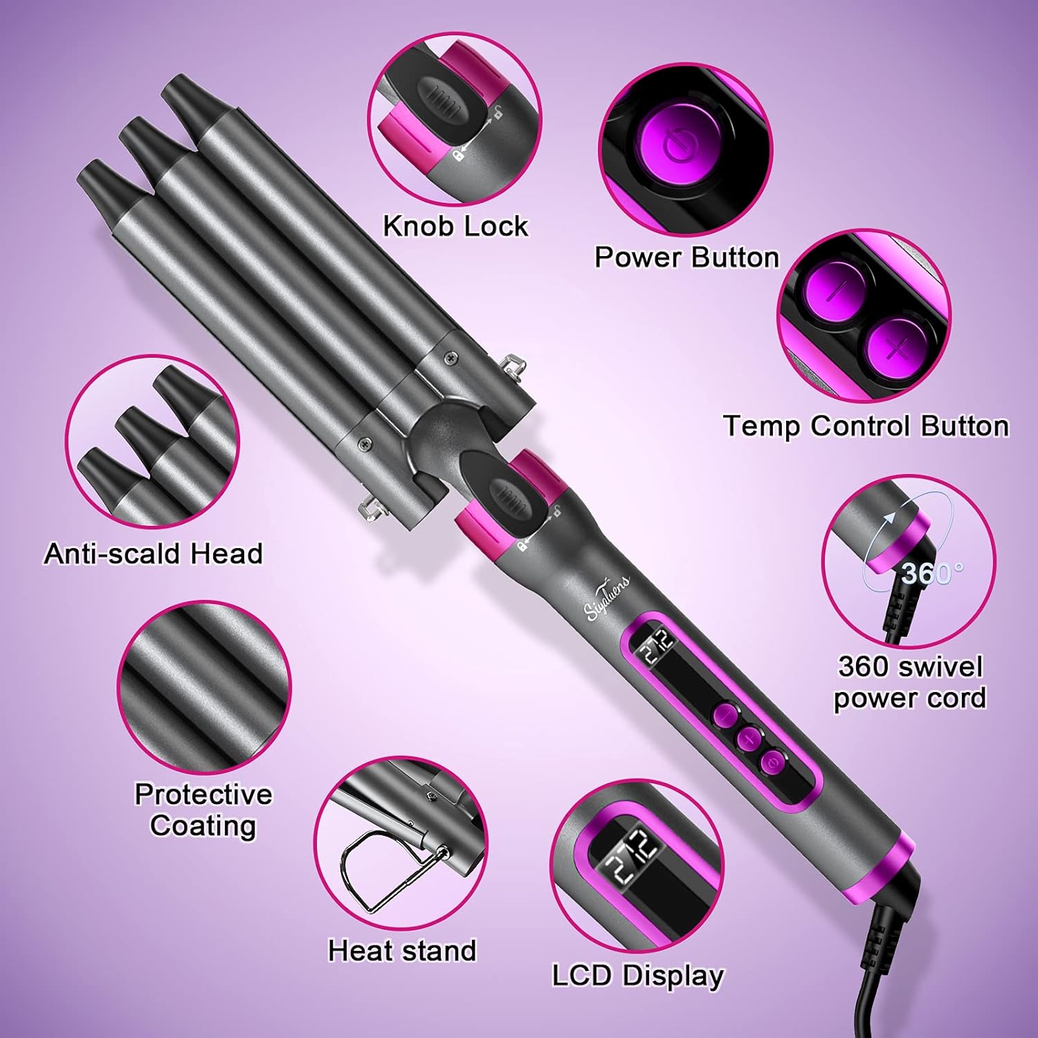 Curling Iron 3 Barrel Hair Waver,Siyaluens 4 in 1 Curling Wand Set with 4 Interchangeable Ceramic Tourmaline Barrels 0.35-1inch,LCD Temp Control Instant Heat Up,Hair Crimper with Glove & 2 Hair Clips : Beauty & Personal Care