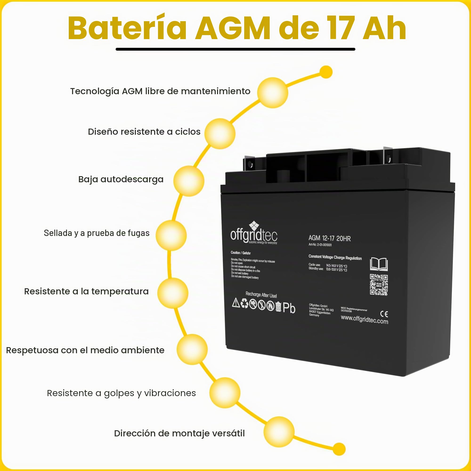 Offgridtec AGM Solar Batería para aplicaciones cíclicas 17 Ah 12 V, 2 – 01 – 001001