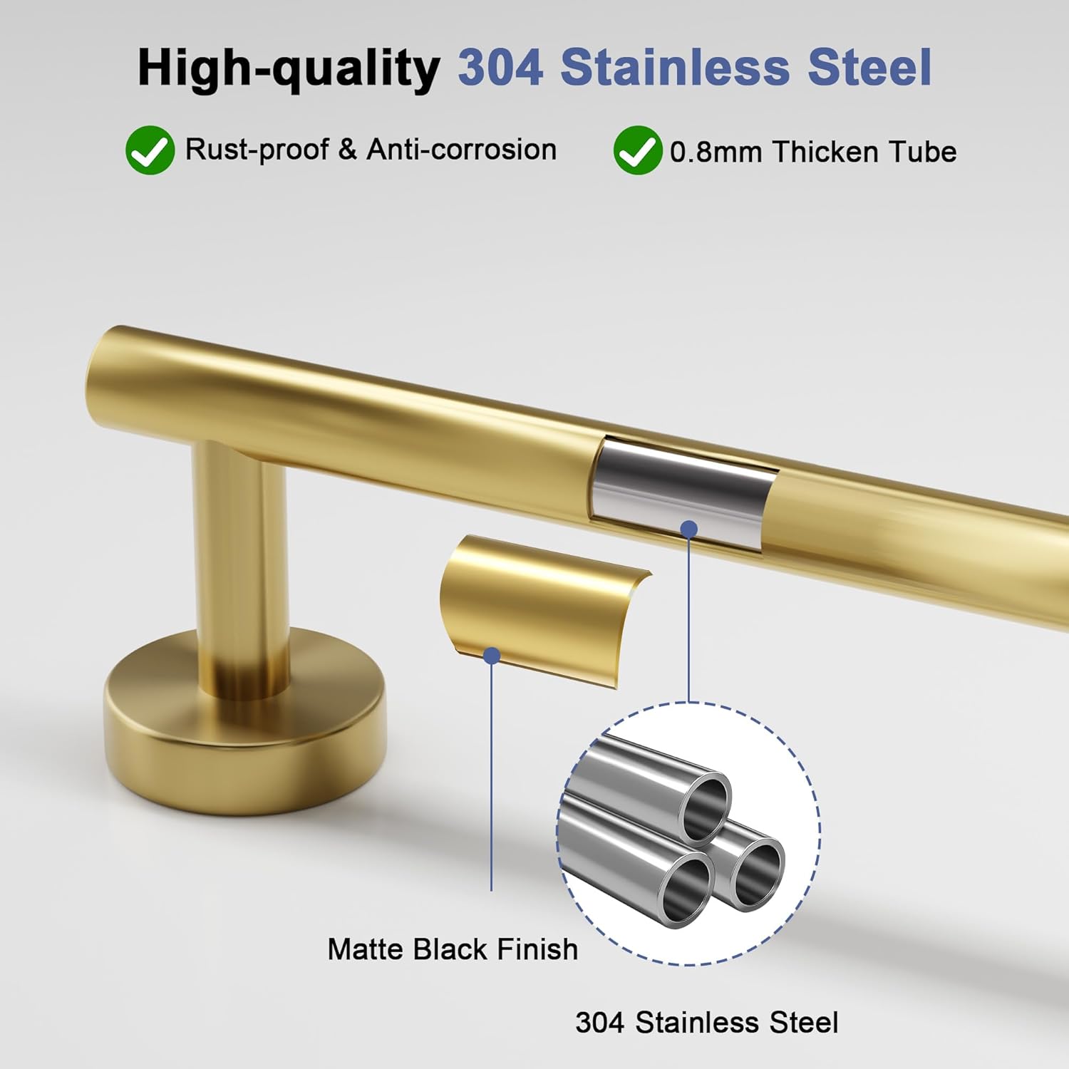 Brushed Gold Towel Bar, 18 Inch Towel Racks for Bathroom Wall Mounted, SUS304 Stainless Steel Bathroom Towel Holder, Total Length 20.4 Inch Towel Bars Brushed Gold 20.4"