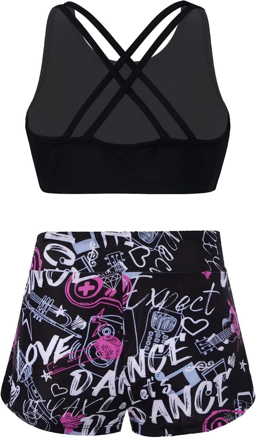 Kids Girls 2PCs Swimsuit Bathing Suit Tankini Sets Racer Back Crop Top with Boyshorts Summer Beachwear Black Rose 10 Years