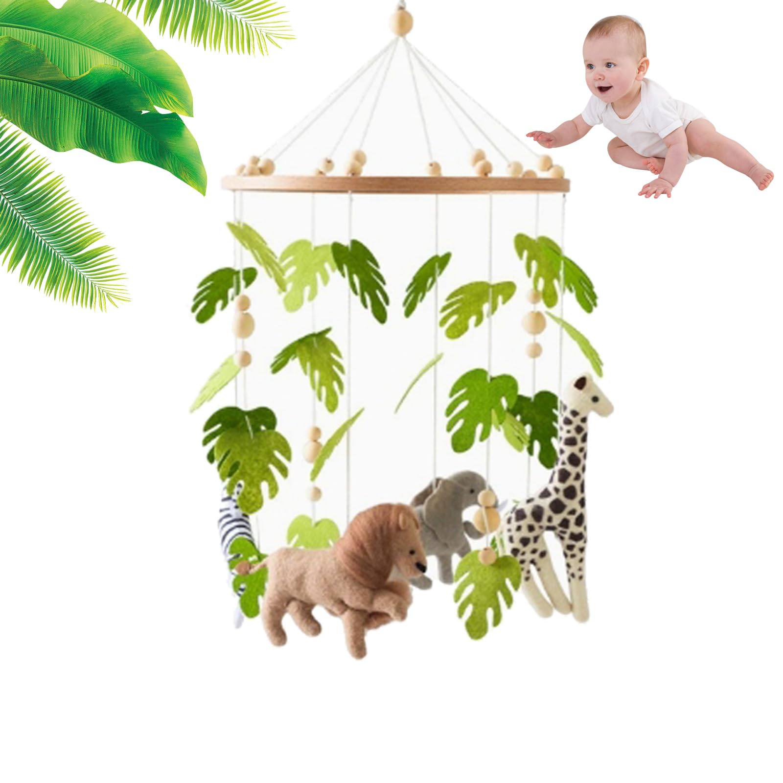 Animal Baby Crib Mobile, Soft Felt Jungle Nursery Hanging Mobile with Lion Giraffe Elephant, Neutral Wind Chime for 0-12 Months, Newborn Baby Shower Gift for Boys Girls (Green)