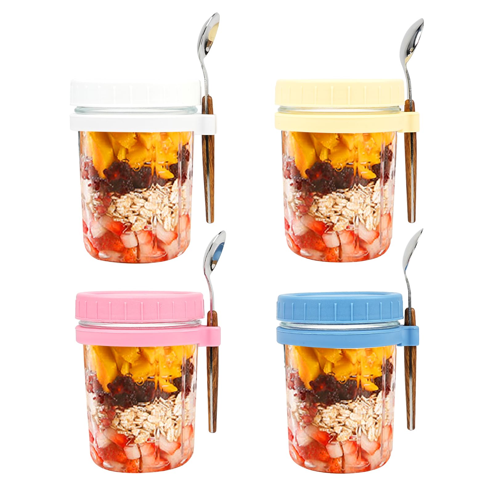 WOVTE Overnight Oats Container, 4PCs 350ML Reusable Overnight Oats Jar with Lids and Spoon, Glass Breakfast Pots Milk Jar Yoghurt Pots Cereal Overnight Oats Jars Oatmeal Container