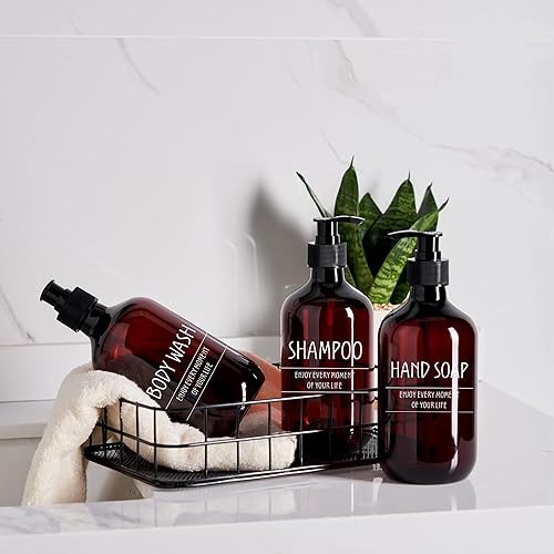 Miniatura 5 de Champú acondicionador y dispensador de botellas de plástico recargable con bombas de plástico, paquete de 3 botellas de ducha de 16 onzas con 6