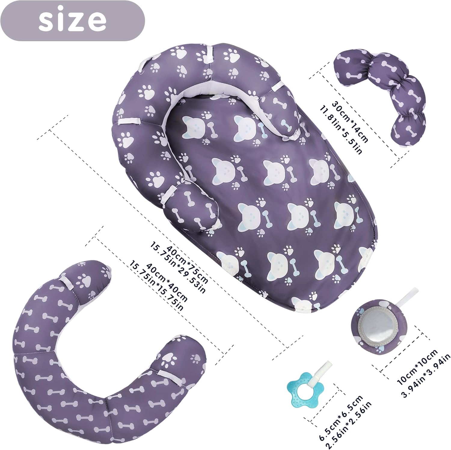 Tummy Time Mat & Seated Support Pillow, Baby Tummy Time Playmat for Newborns, with Detachable Support Pillow and Toys (Gray) - Image 4