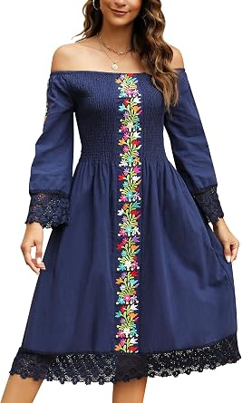 Mexican Dress for Women Embroidered Traditional Fiesta Dresses Style Long Sleeve Floral Diverse Embroidered Patterns