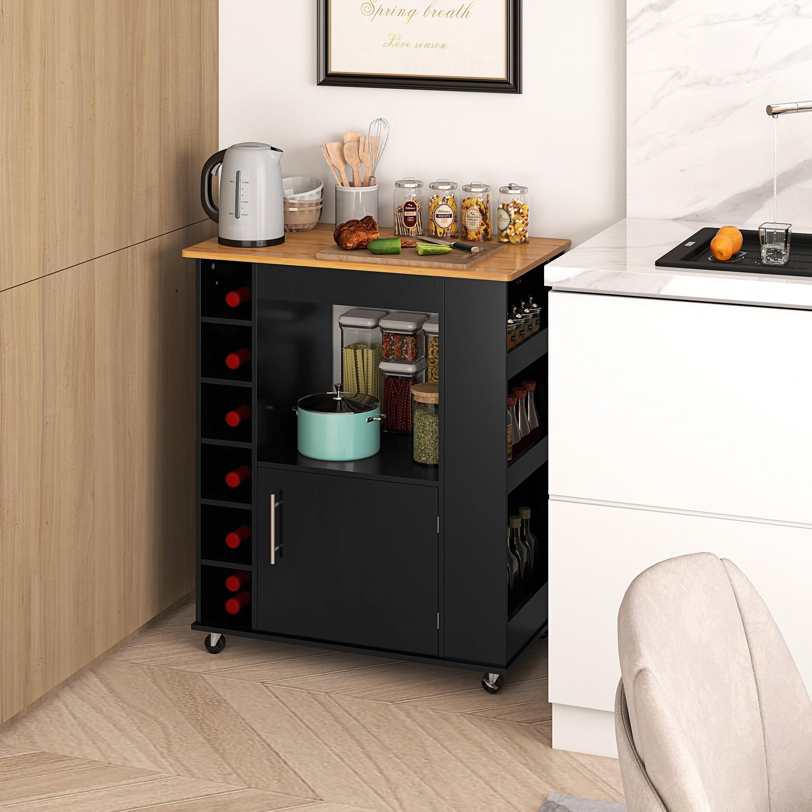 KOMFOTTEU Carrello da Cucina in Legno, Carrello di Servizio con 3 Organizzatori, Impugnatura e 6 Scomparti per vino, Isola da Cucina su Ruote con Piano in Bambù, per Sala da Pranzo, Bar (Nero)