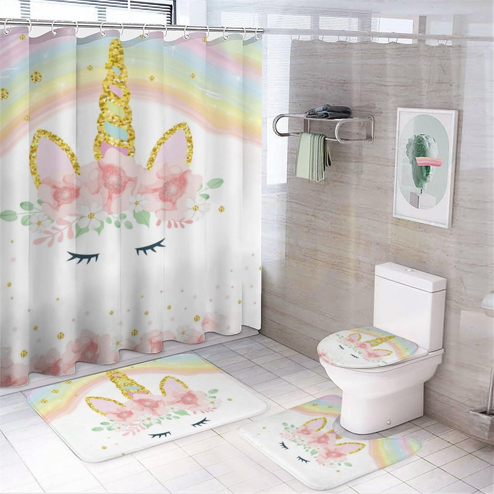 PutDiDi Pink Glitter Flowers Unicorn 4 PCS Shower Curtain Set Bathroom Sets with Durable Shower Curtain and Rugs Non-Slip Carpet Toilet Seat Cover Decoration for Home Hotel Bath Accessories Women Men
