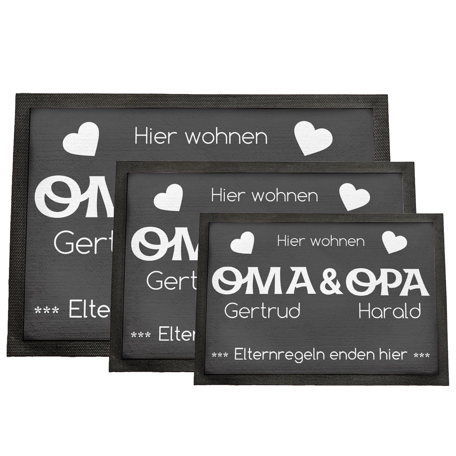 Fußmatte personalisiert Oma und Opa | Geschenk Oma und Opa Geburtstag | Elternregeln Enden Hier | Fussmatte mit Personalisierung | Schmutzfangmatte innen | Geschenkidee Großeltern | 75x50cm mit Rand