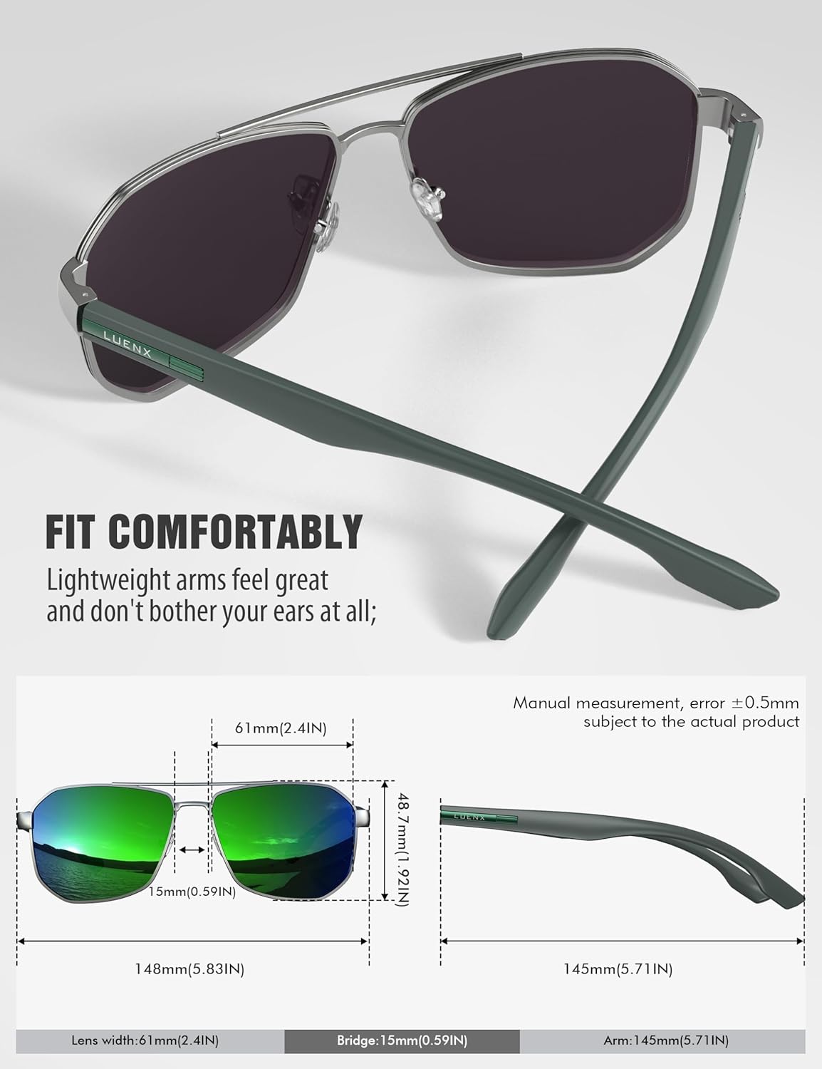 LUENX Aviator Sunglasses for Men Square Polarized Polygon Shades UV400 Sun Glasses with Accessories Dark Green Lens/Matte Frame image 6 of 6 B0FC6GN99Q
