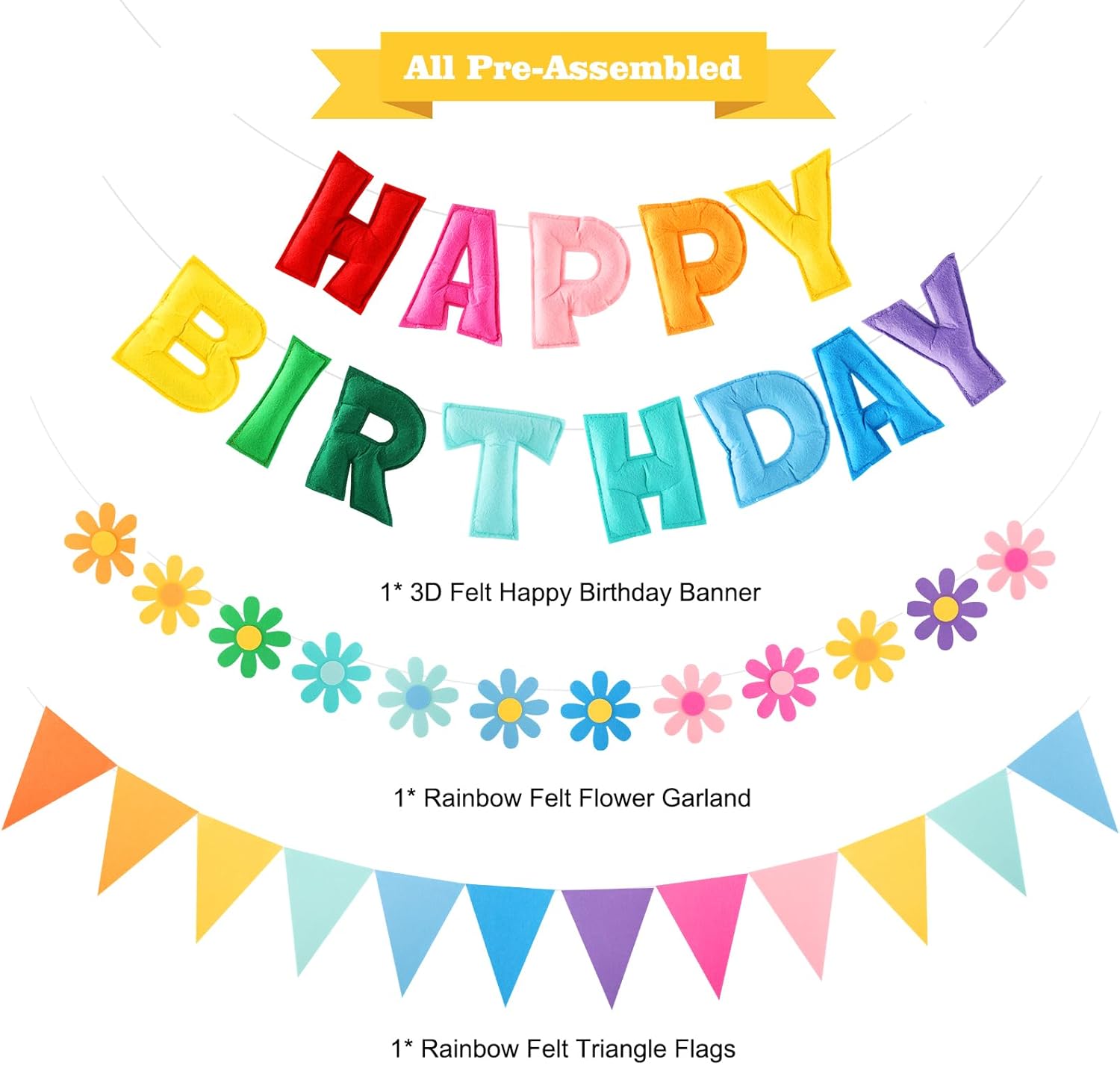 YEOCU Felt Birthday Decorations, NO DIY, Pre-Strung 3D Felt Happy Birthday Banner with Fabric Flower Garland, Colorful Triangle Flags, Birthday Party Decorations for Women Men Boys Girls (Rainbow)