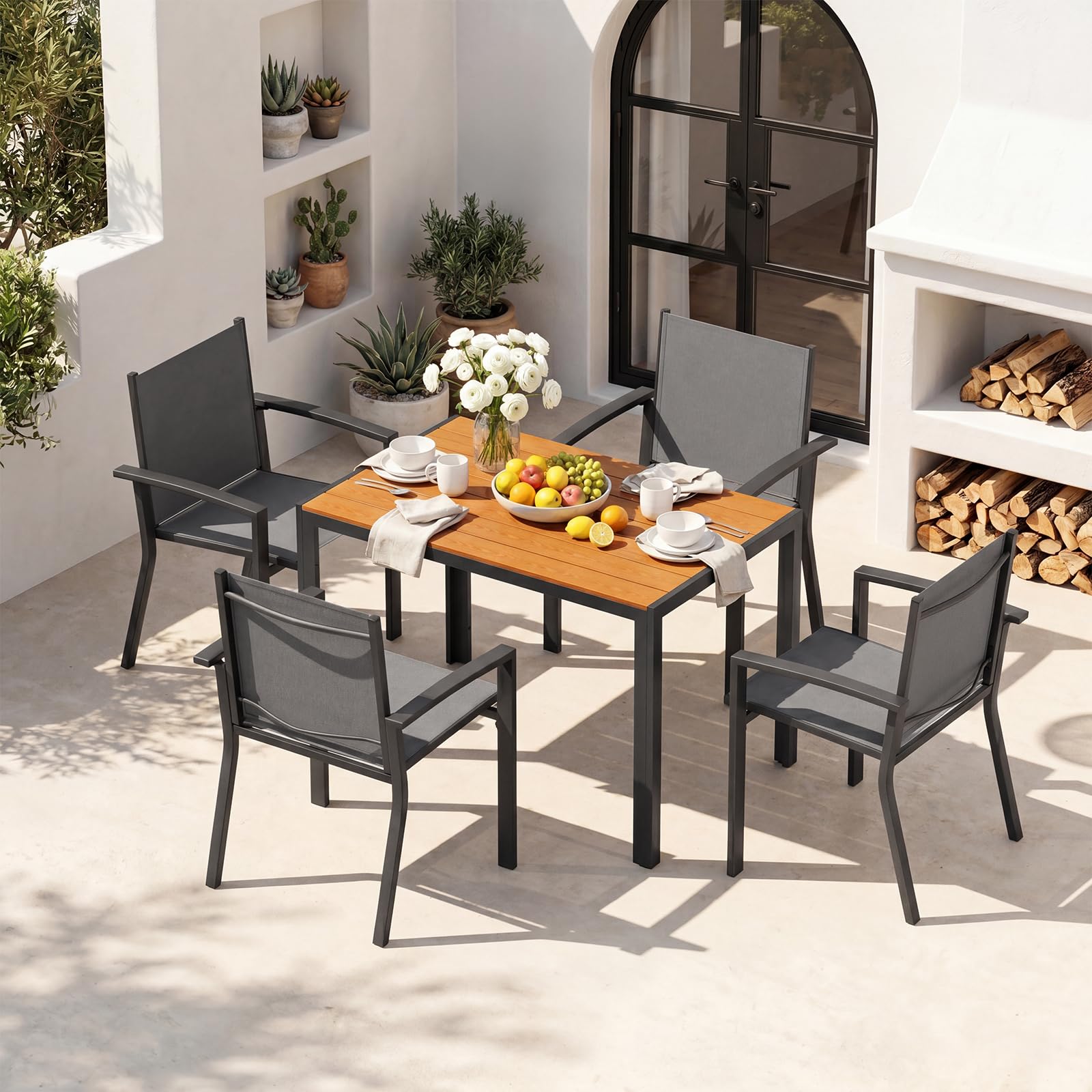UDPATIO Wetterfest Gartenmöbel Set 5-TLG, Aluminium WPC Gartentisch + 4er Gartenstühle Stapelbar mit Armlehnen, Terrassenmöbel Balkonmöbel für Garten,Terrasse,Veranden, Teakbraun + Grau