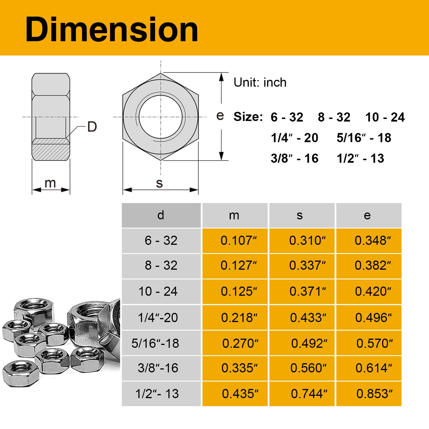 150PCS SAE Hex Nuts Assortment Kit, 6-32 8-32 10-24 1/4-20 5/16-18 3/8-16 1/2-13 Sizes, 304 Stainless Steel Hardware Nuts, Full Thread Hex Drive