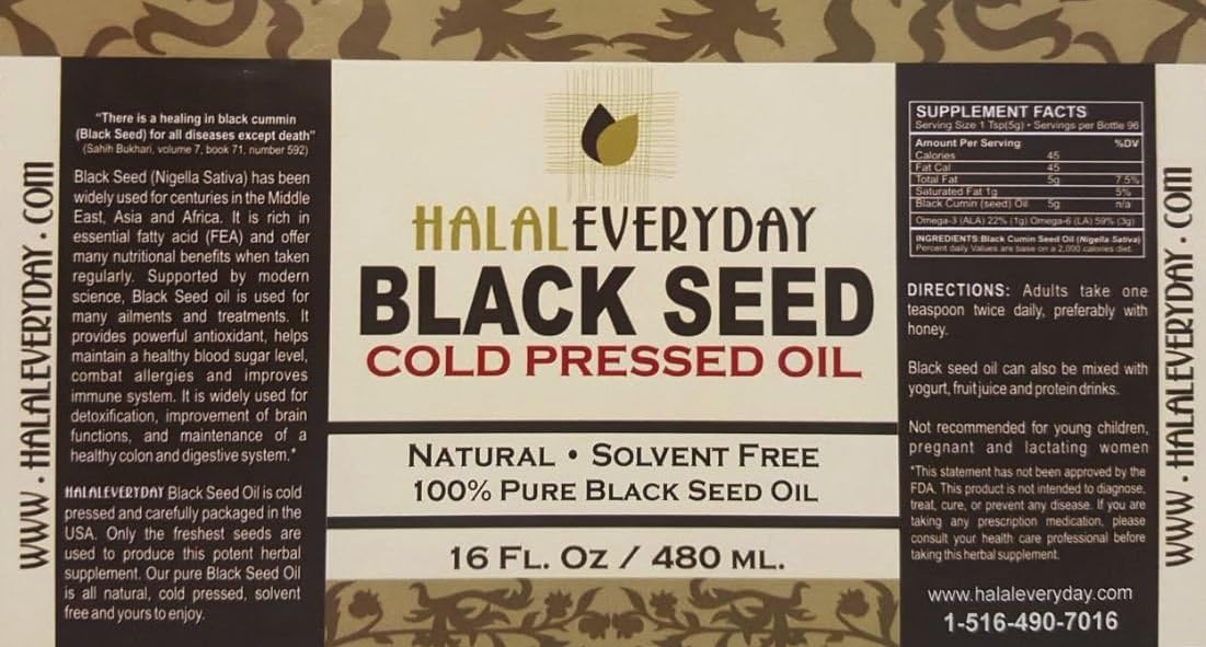 BLACK SEED OIL - 16 oz glass bottle. 100% Pure & Cold-pressed. Unfiltered, Undiluted, Raw. NON-GMO & Vegan Nigella Sativa (Black Cumin). Hexane & preservatives free. Dark & potent