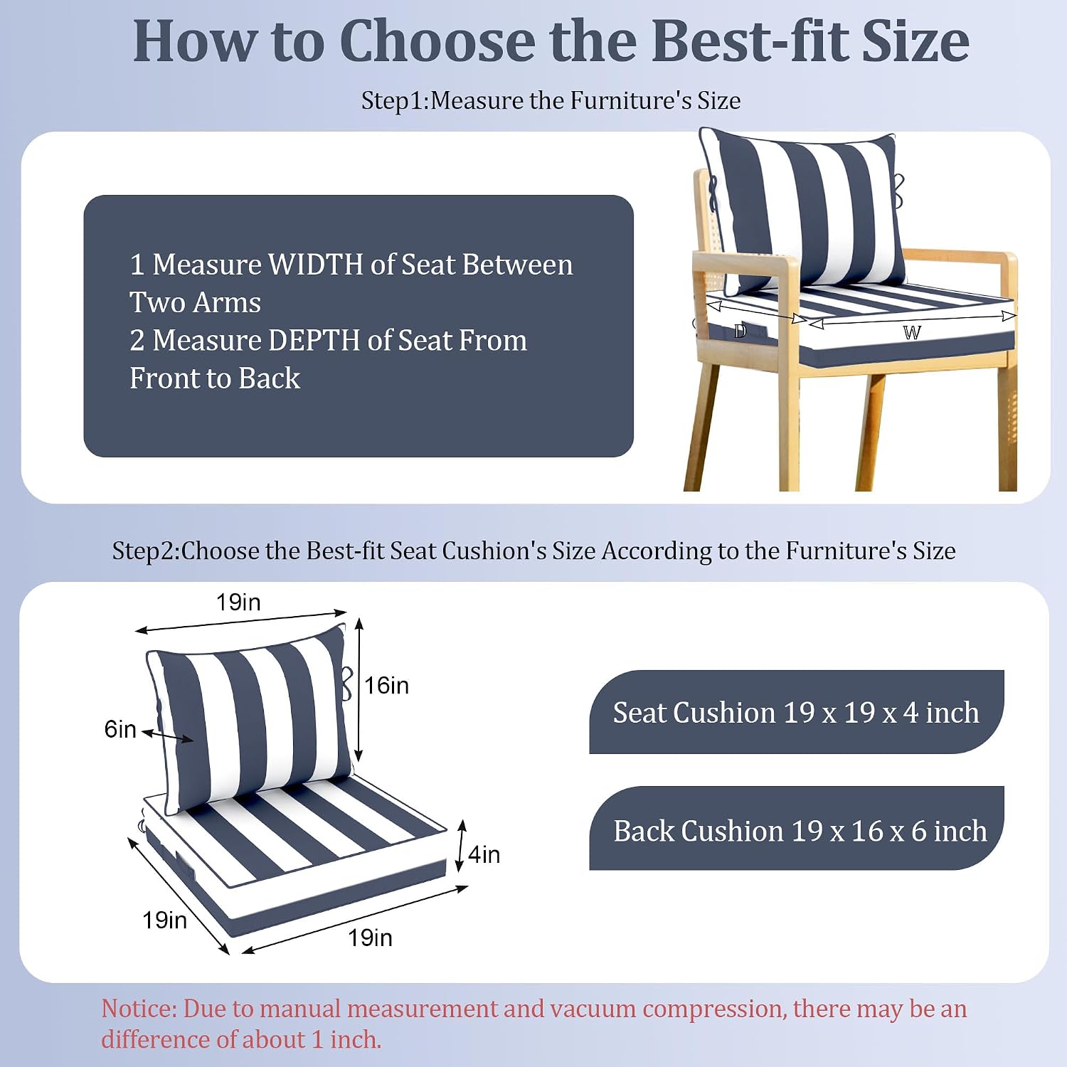 Outdoor Chair Cushion, 19 x 19 Inch Waterproof Deep Seat Patio Cushions Set of 4, Loveseat Cushions for Outdoor Furniture, 4'' Thick Patio Furniture Cushion with Handle Straps, Blue Stripe
