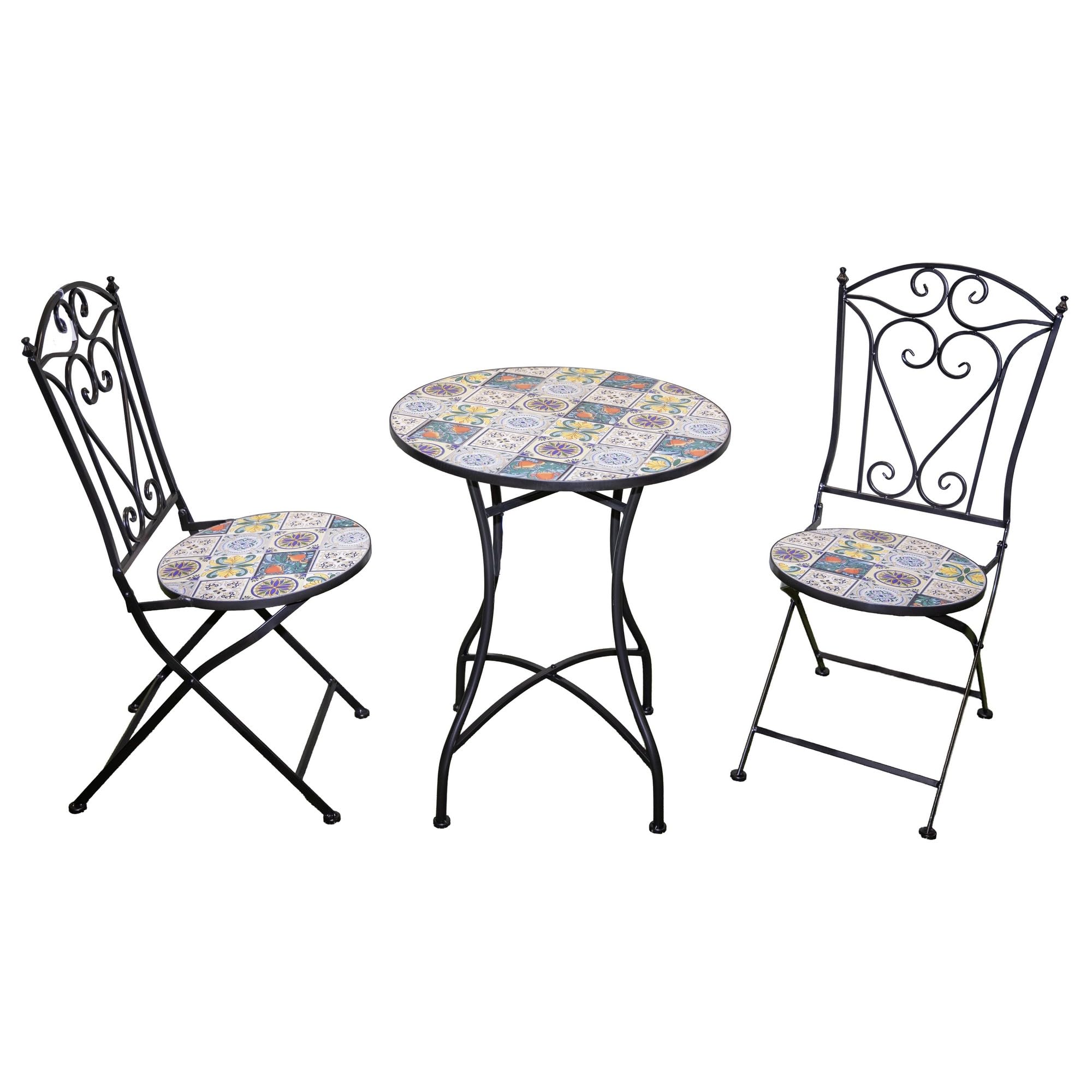 Shatchi Lisbon Mosaic Bistro Set Ceramic Outdoor Table And Two Folding Chairs For Patio Balcony Garden Dining, Multi