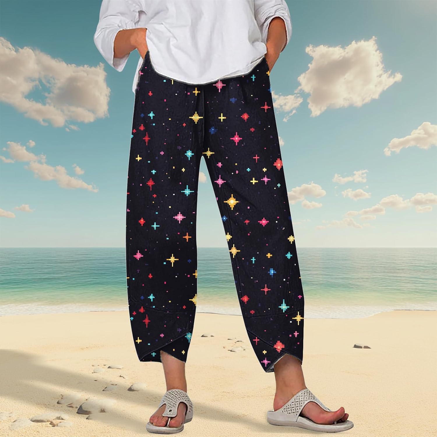 Capri Pants for Women Summer Beach Wide Leg Casual Comfy Elastic Waist Relax for Vacation Lightweight House Trouser - Image 2