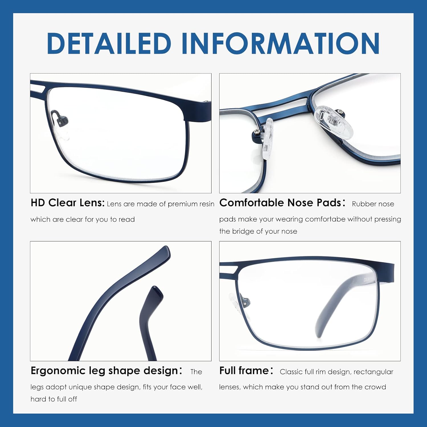 Metal Reading Glasses For Men, Blue Light Blocking Computer Readers Full Rim Rectangle Eyeglasses Spring Hinge, 5 Pack: Black/Brown/Blue/Green/Silver, +3.50 - Image 4