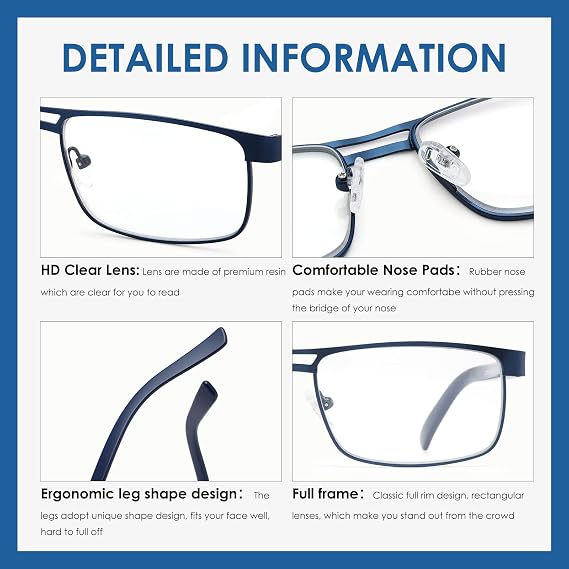 Metal Reading Glasses For Men, Blue Light Blocking Computer Readers Full Rim Rectangle Eyeglasses Spring Hinge, 5 Pack: Black/Brown/Blue/Green/Silver, +1.00