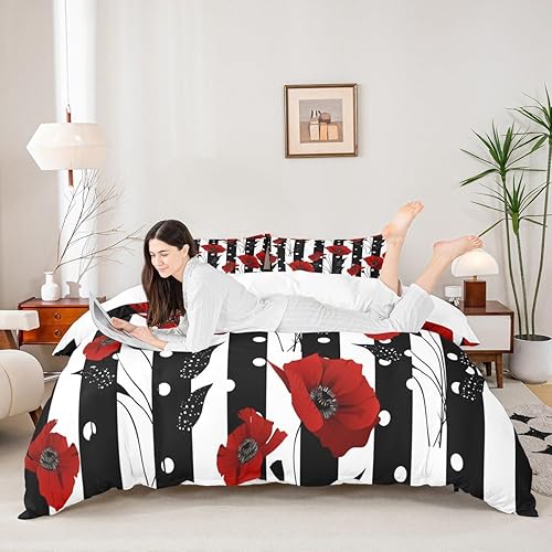 Manfei Juego de funda de edredón de flores rojas, tamaño matrimonial, juego de ropa de cama floral de amapola de 3 piezas para niños, niñas,