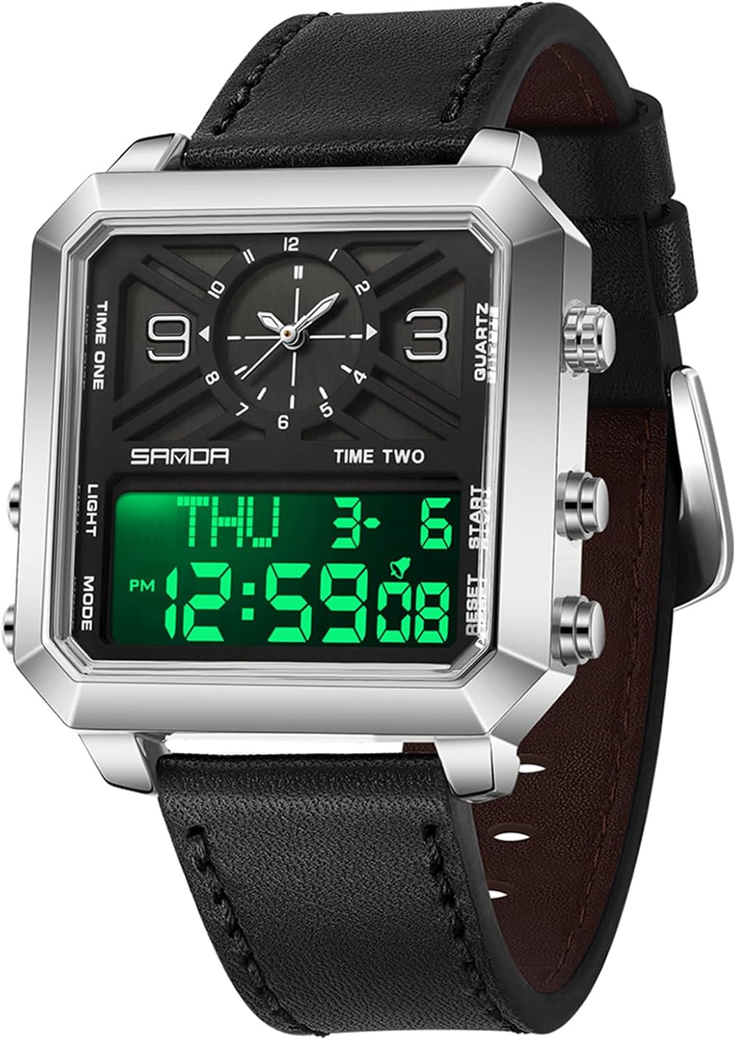 Gosasa Fashion Men’s Digital Analog Watch Square Large Face Waterproof Sports Casual Quartz Wristwatch Leather Strap with Dual Time, Alarm, Luminous Display