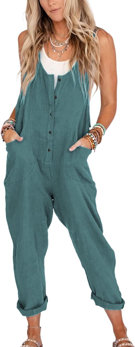 Womens Overalls Linen Cotton Jumpsuits Loose Casual Jumpers with Pockets