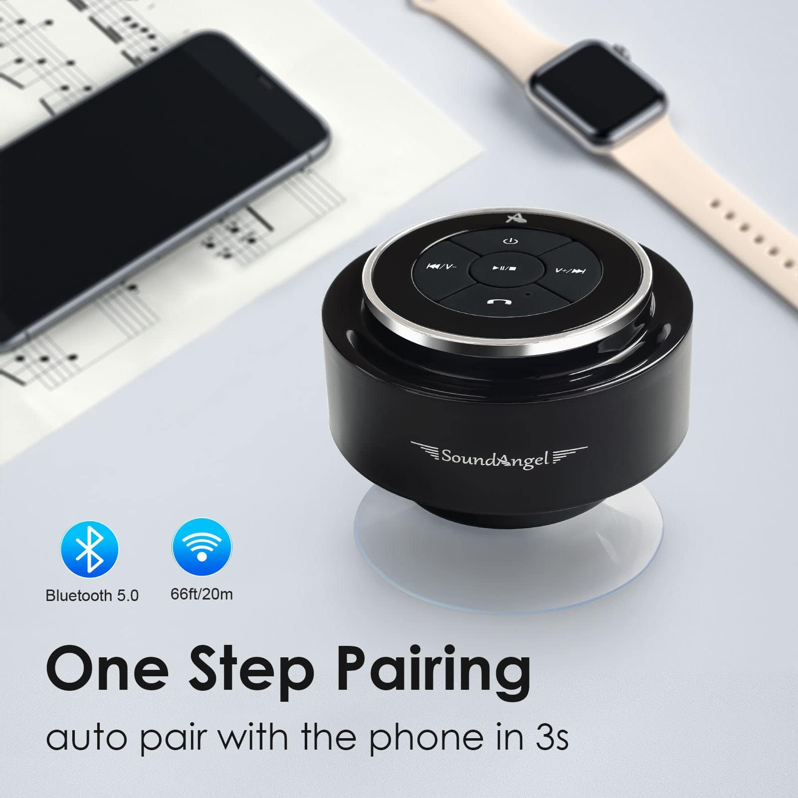 XLEADER, Upgraded, Shower Speaker, Certified IPX7 Waterproof Bluetooth Speaker with Suction Cup and Hook Clip, Built-in Mic, Crystal Sound & Rich Bass, up to 12H Playtime, Ideal Gifts, Silver B