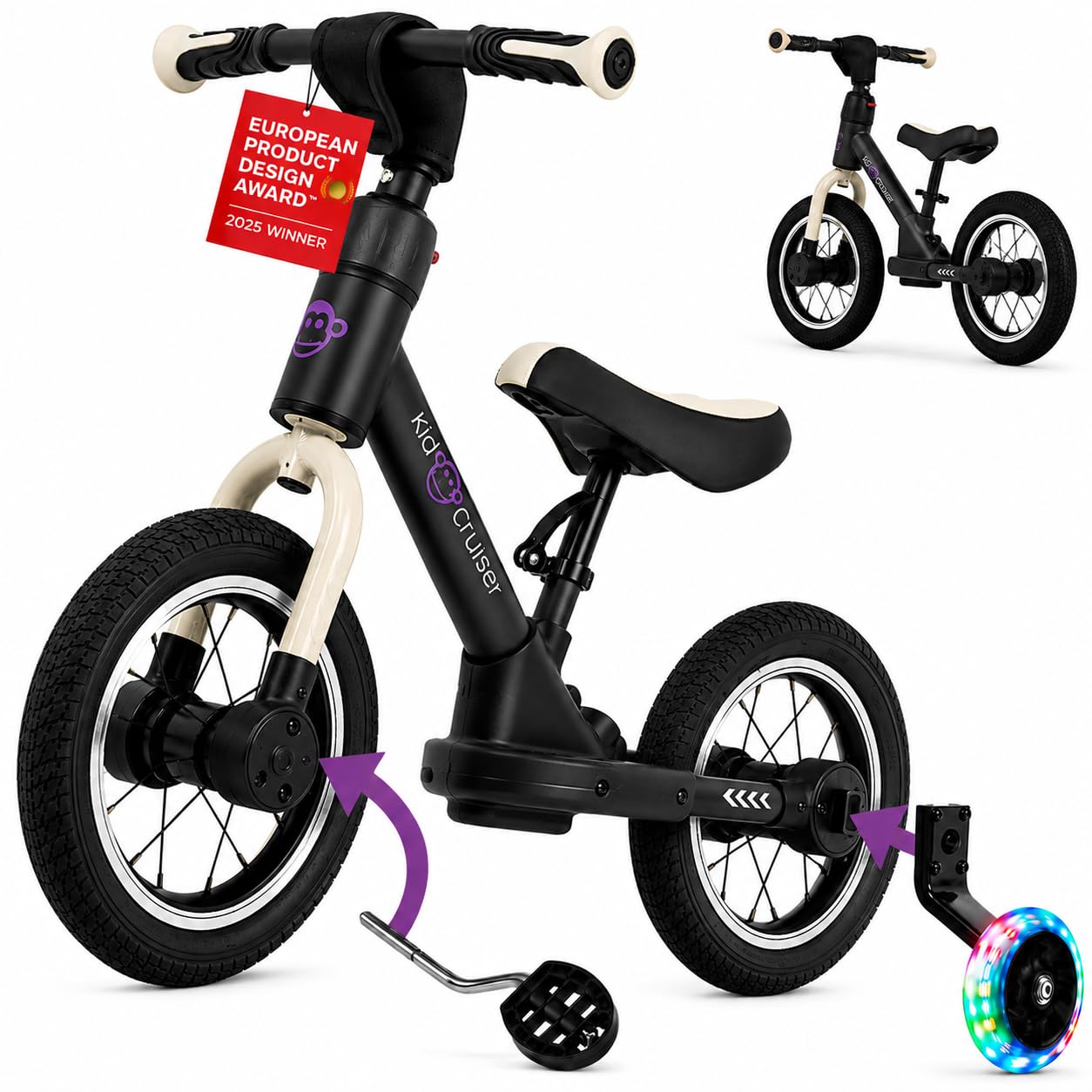 Kidcruiser Toddlers Balance Bike 2–5 Years, 3-in-1, Converts to Pedal Bike with LED Training Wheels – Adjustable Kids First Bike That Grows with Your Child Matt Black — image 1