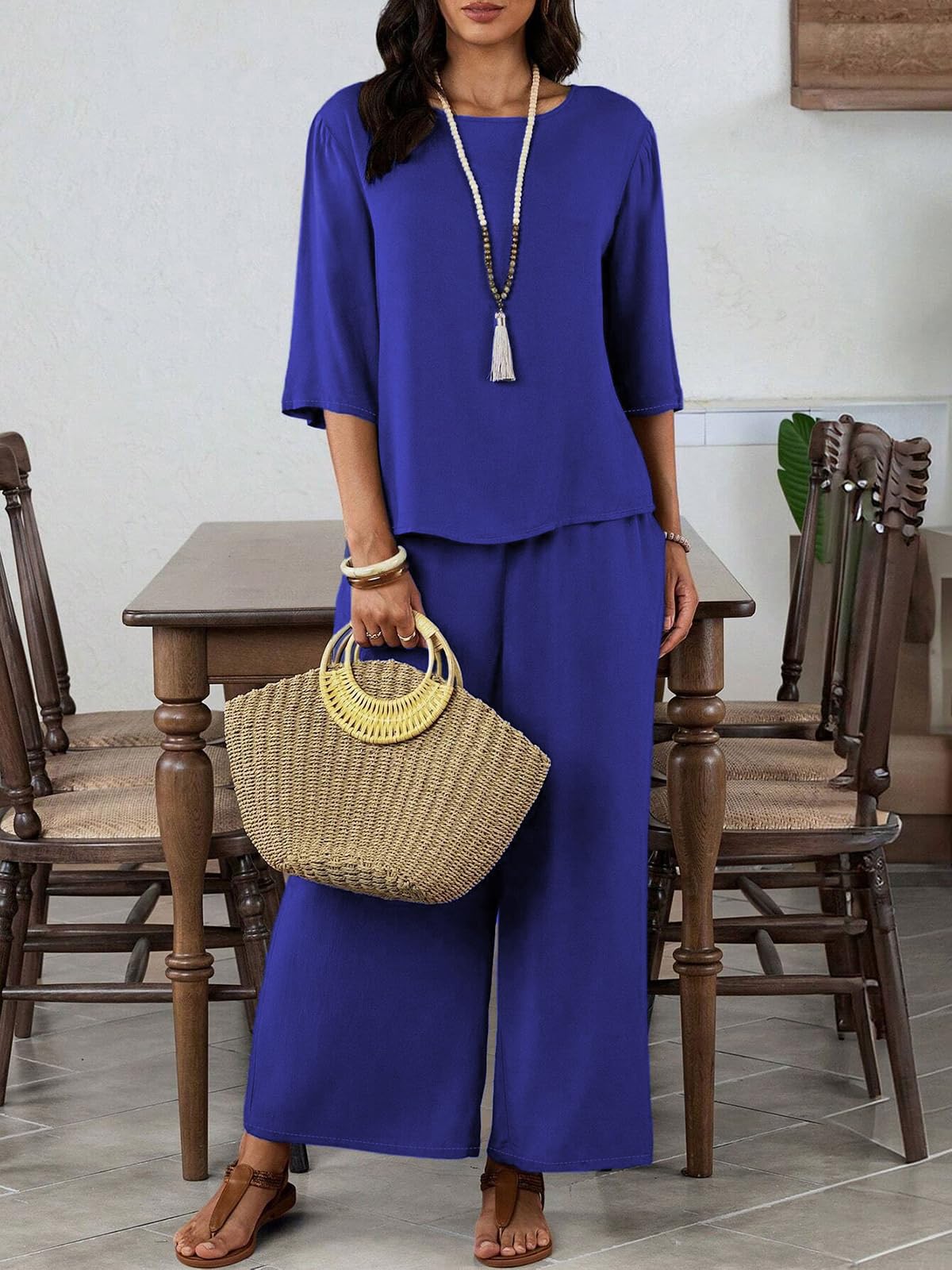 Conjunto de 2 piezas para mujer, conjuntos de descanso a juego, trajes de otoño 2025, ropa de moda con cuello redondo — view 5
