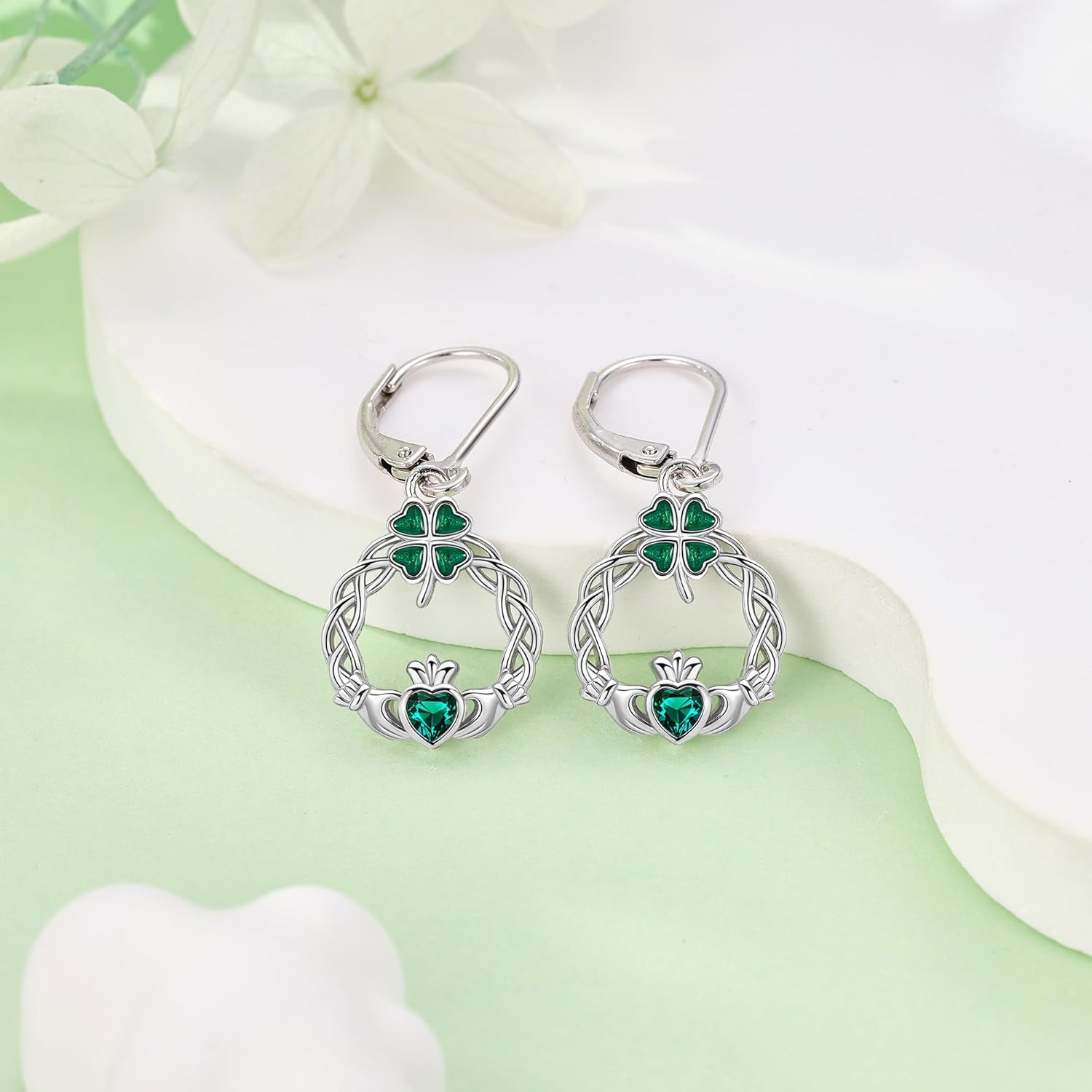 MONGAS Claddagh Earrings Sterling Silver Celtic Claddagh Leverback Earrings Clover Irish Jewelry for Women - Image 4