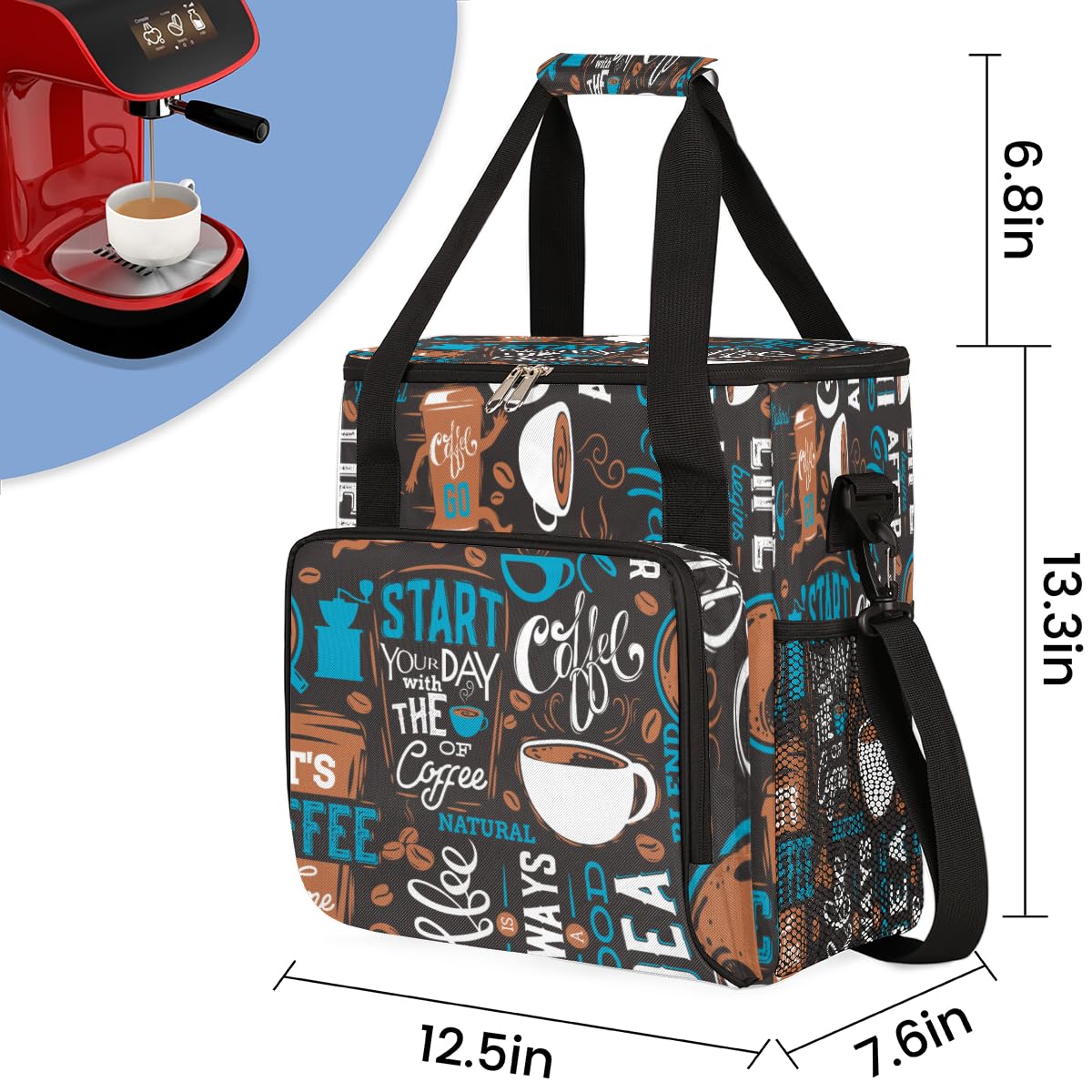Blue Coffee Cafe - Bolsa de transporte para cafetera, bolsa de transporte de viaje, compatible con Keurig K-Mini o K-Mini Plus, funda portátil de una sola porción con bolsillos para cápsulas K-cup
