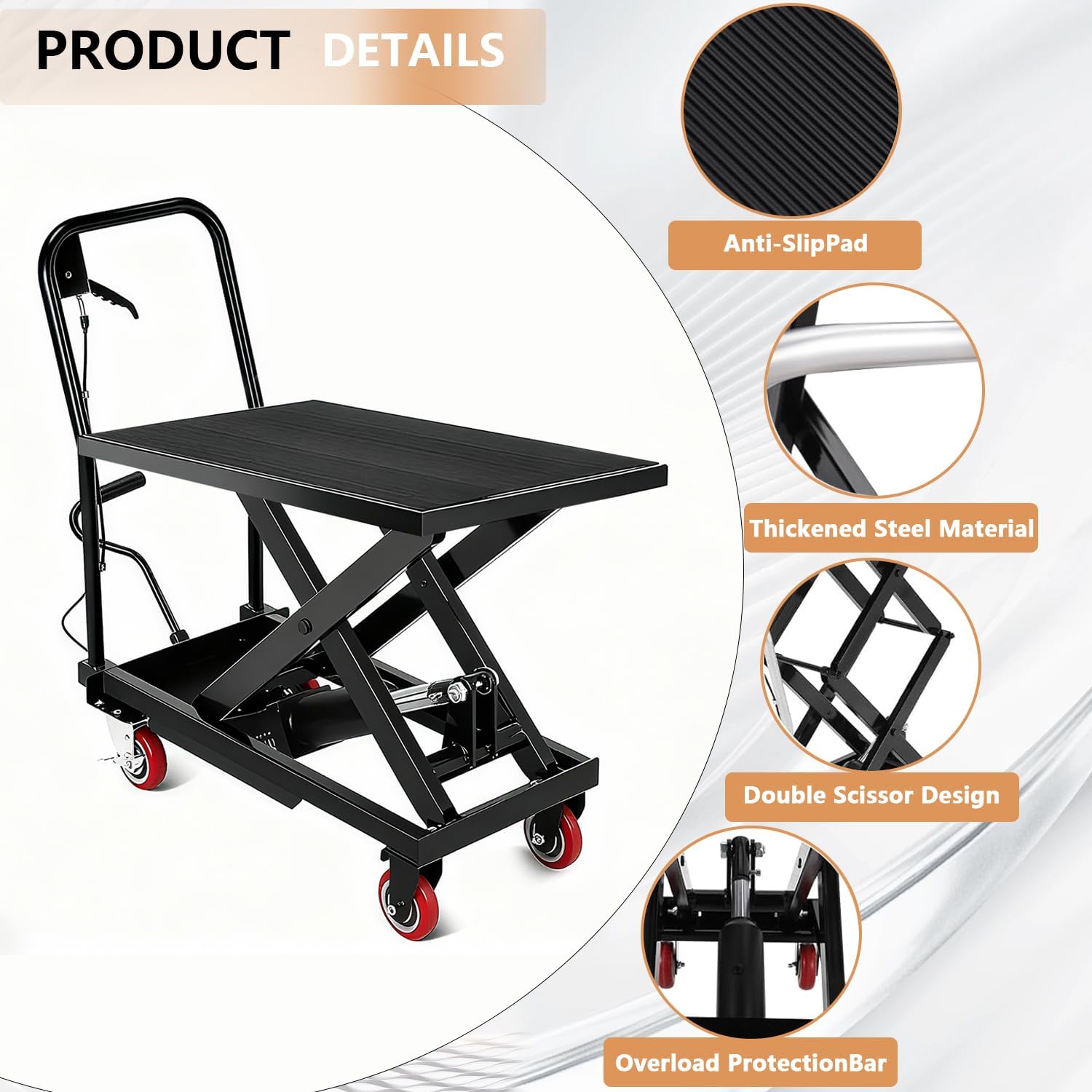 Carro elevador de 230 kg de carga, mesa elevadora hidráulica de 28 – 72 cm, plataforma elevadora con 4 ruedas y plataforma de goma de 71 x 46 cm, elevador de tijera para fábricas, almacenes