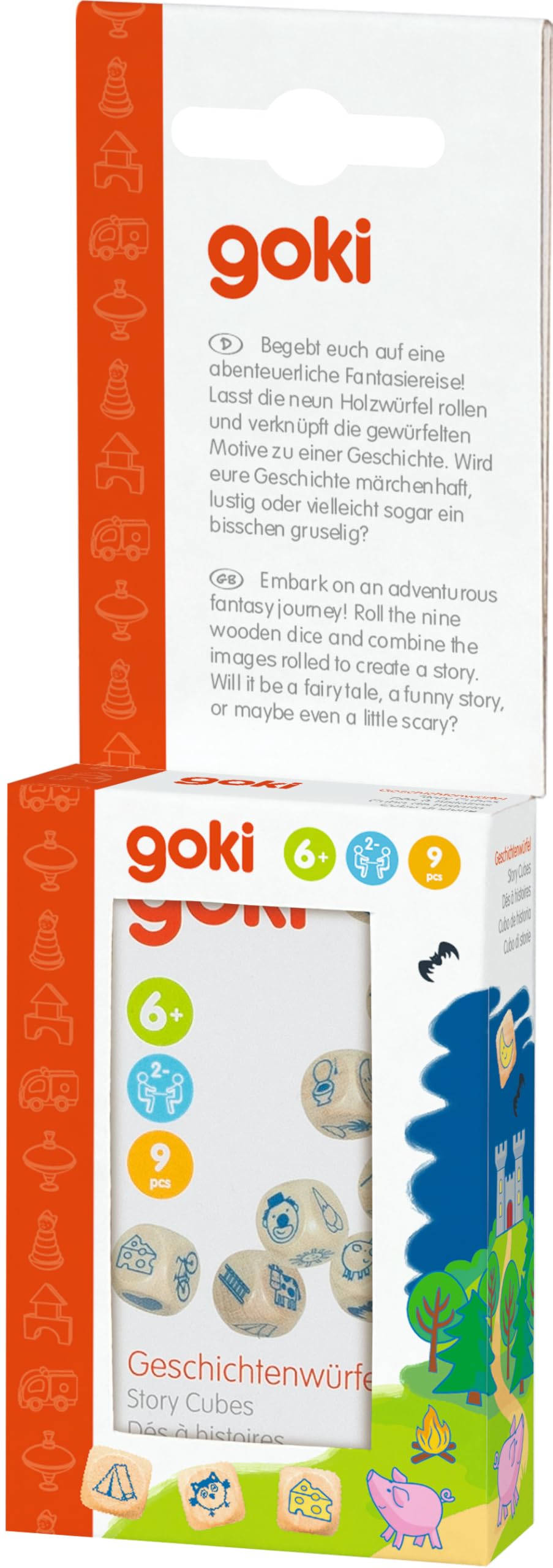 goki 56307 – Cubo di storia in legno in scatola di latta per narrativa creativa e promozione dello sviluppo linguistico, story cubes, infinite possibilità di gioco per bambini, set da 9 pezzi, dai 6