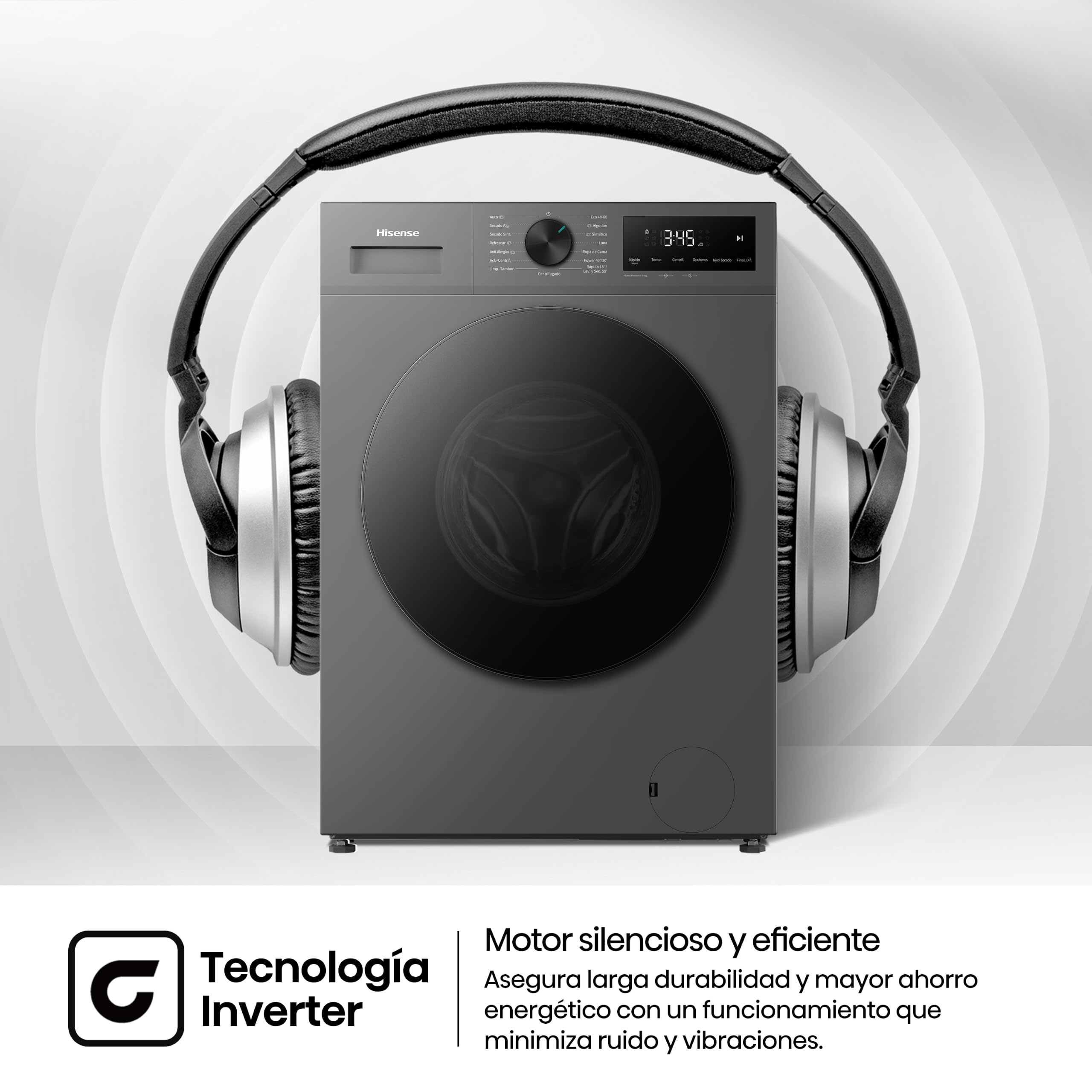 Hisense WD1I9042BTF2 - Lavasecadora 9 kg/5 kg, Fondo 47cm, 1400 rpm, Lavado y Secado 59', Dispensador Automix, Programa Lavado Auto, Función Antiarrugas, Lavado Pure Jet, Función Vapor 99,9%, Silver