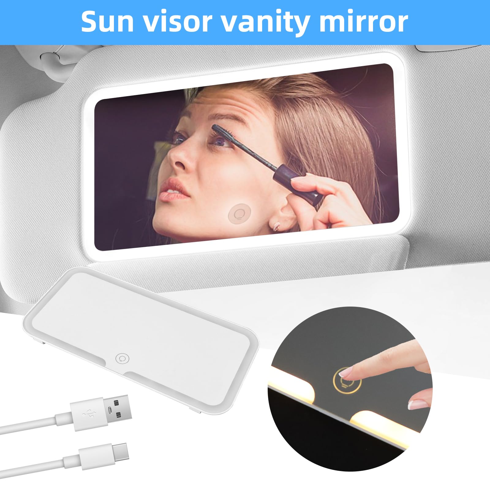 Lusterko do makijażu z oświetleniem do samochodu, uniwersalne lusterko kosmetyczne LED, osłona przeciwsłoneczna, lustro z 3 trybami świecenia, USB-C, możliwość ponownego ładowania, uniwersalne