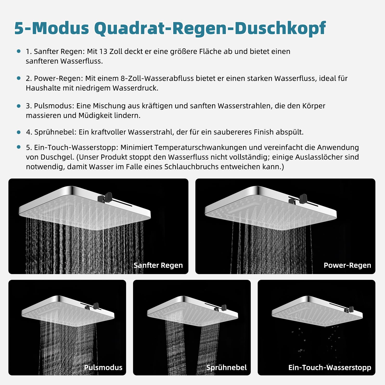 Hibbent Regen-Duschköpfe, 13 Zoll, 5 Sprüher Regenfall-Duschkopf, quadratische Einbau-Duschköpfe, schwenkbarer Strahlwinkel, üppiges Duscherlebnis, einfache Installation,Weiß